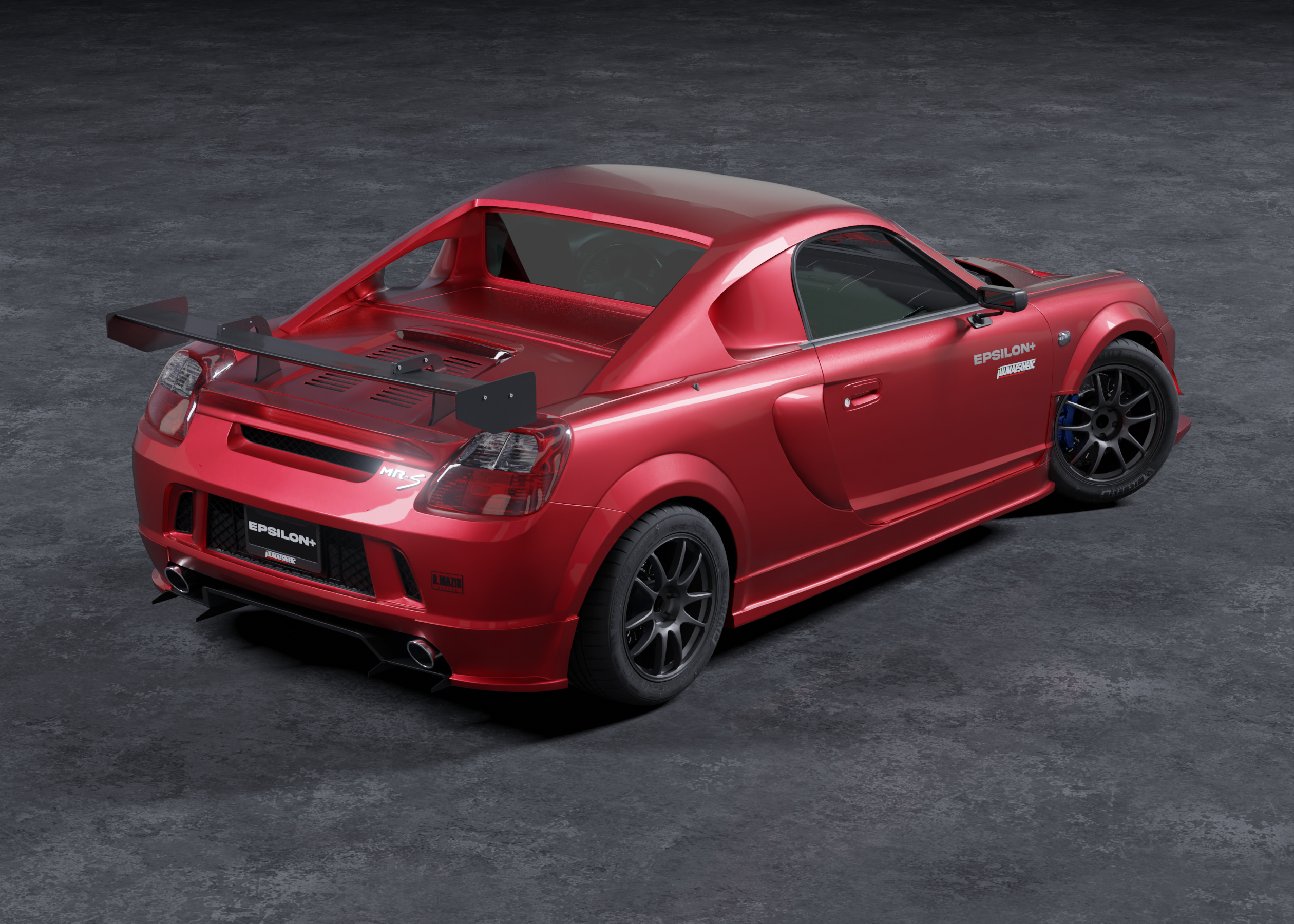 Studio render of a red Toyota MR2 Spyder with hardtop, rear three-quarter view