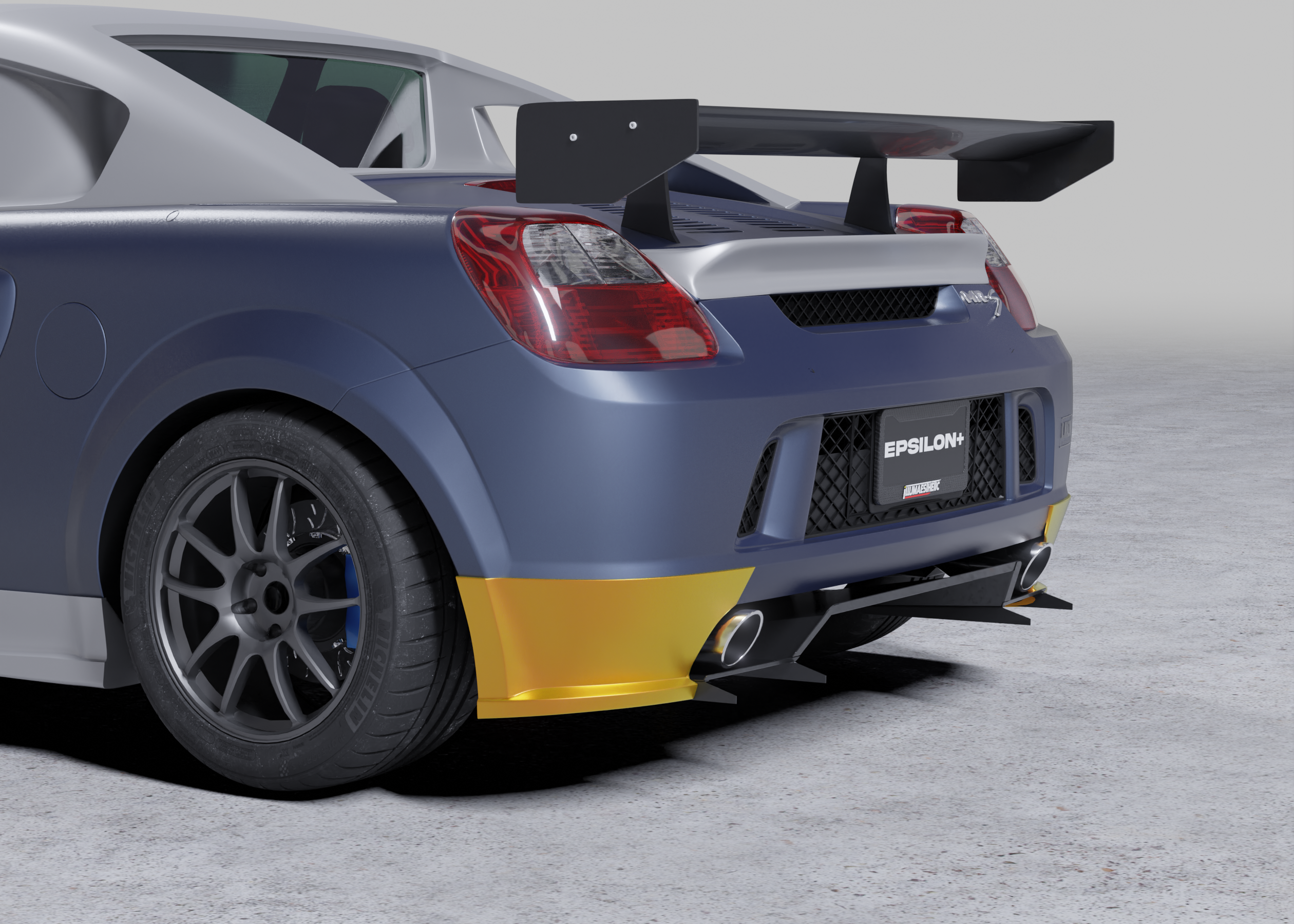 Render of a Toyota MR2 Spyder with rear bumper spats highlighted in yellow