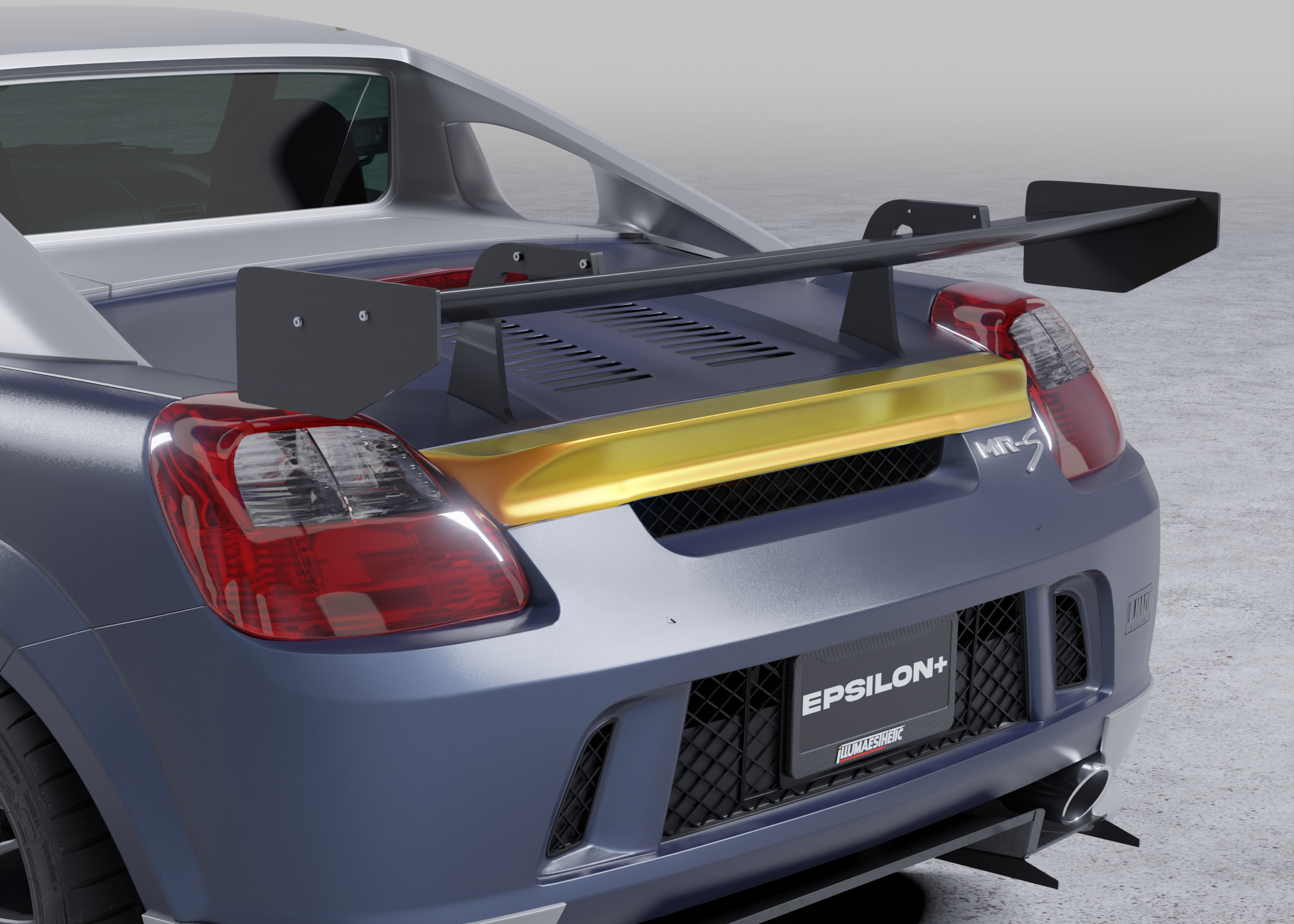 Render of a Toyota MR2 Spyder rear deck with the duckbill spoiler highlighted in yellow