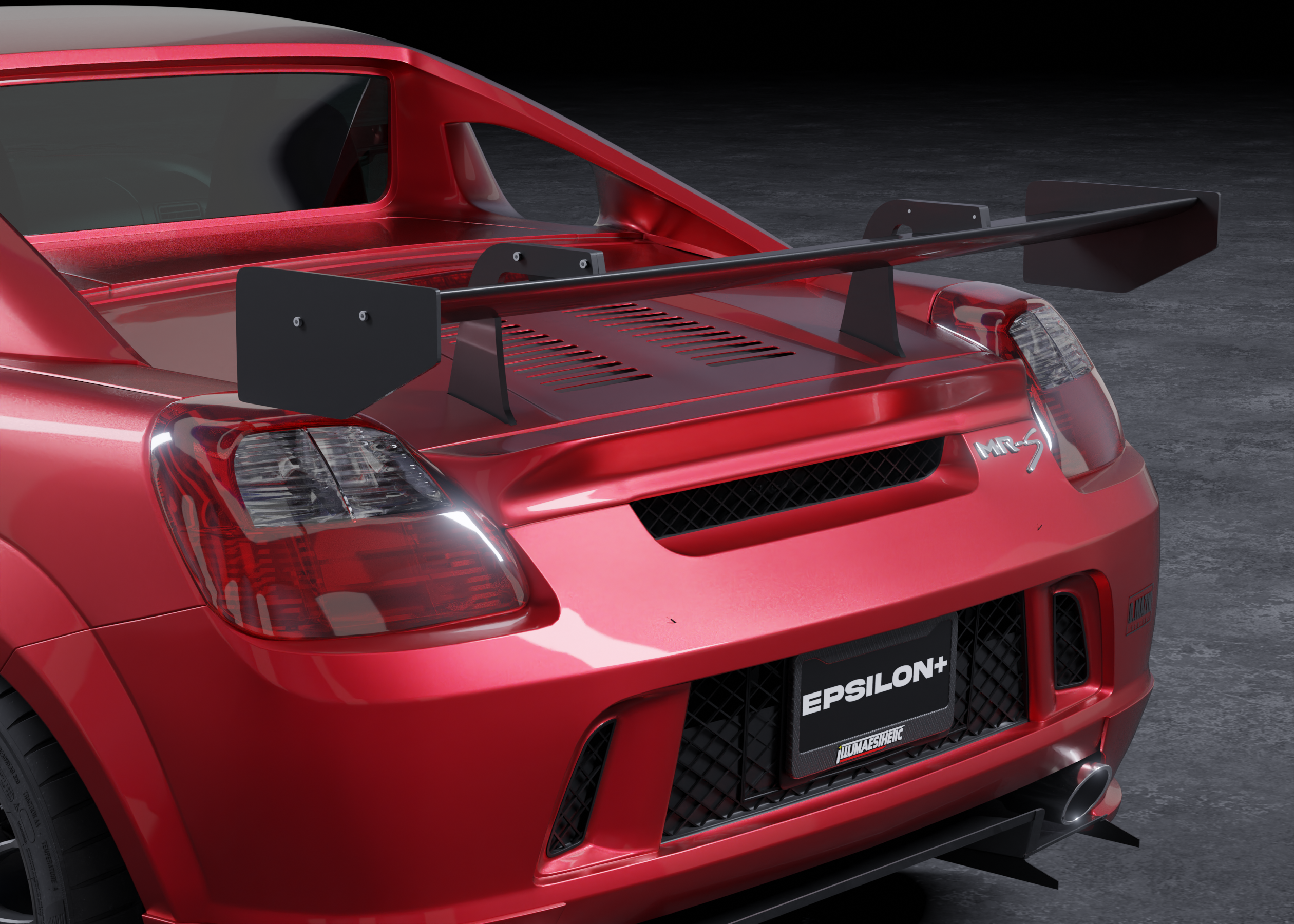 Studio render of the Epsilon+ rear wing mounted on a red Toyota MR2 Spyder