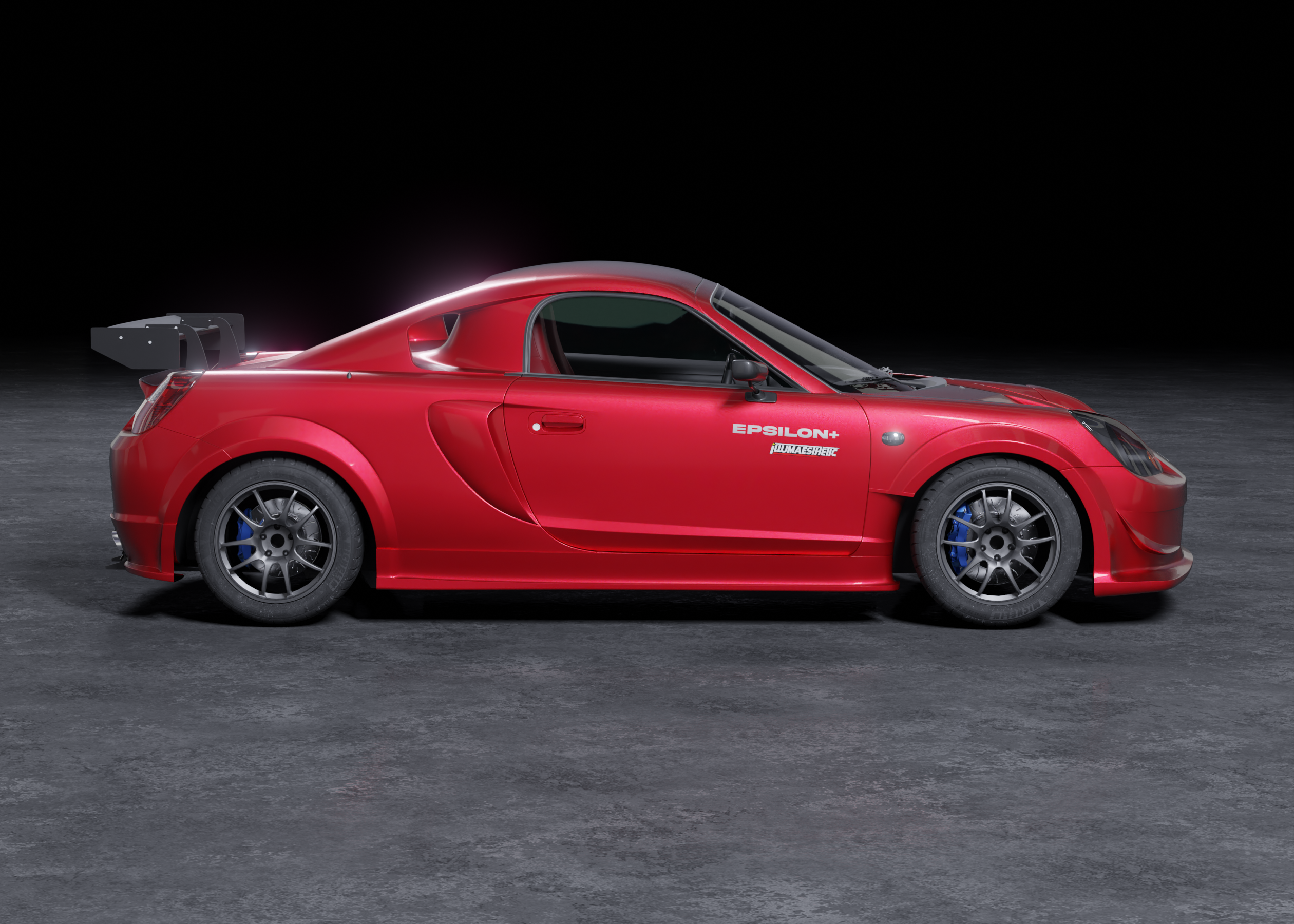 Studio render of a red Toyota MR2 Spyder fitted with the side skirt and fender combo
