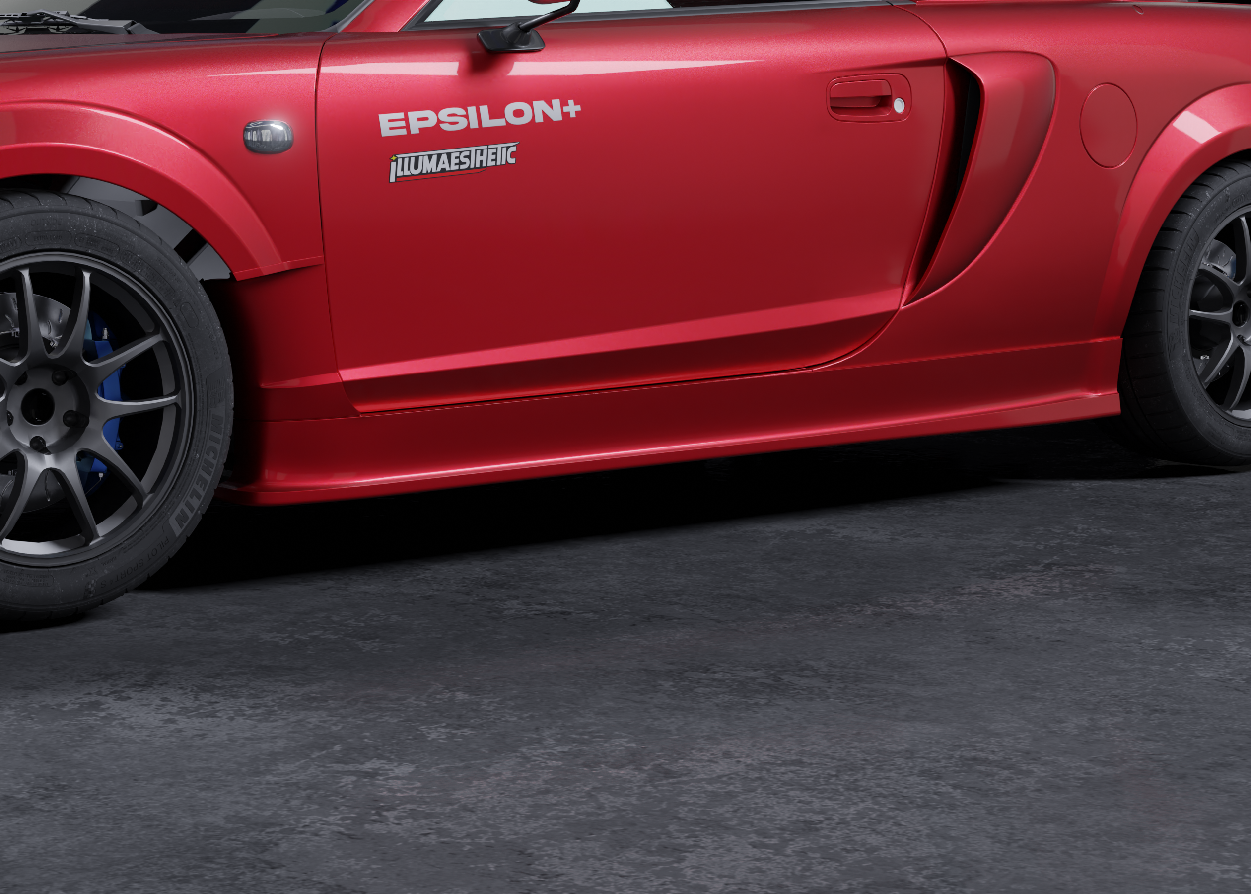 Close-up render of the side skirt and side intake on a red MR2 Spyder