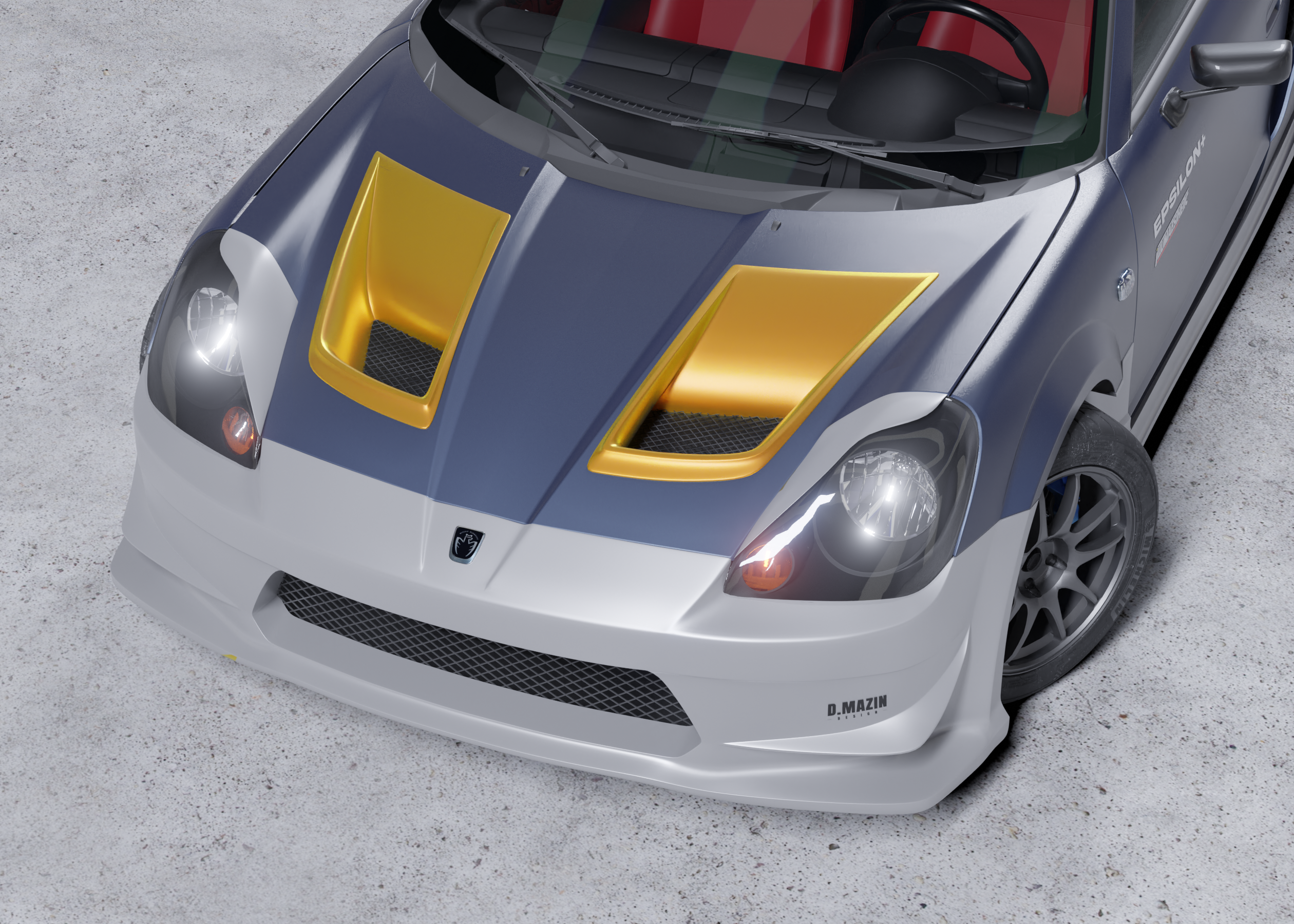 Close-up render of the twin hood vents on a Toyota MR2 Spyder