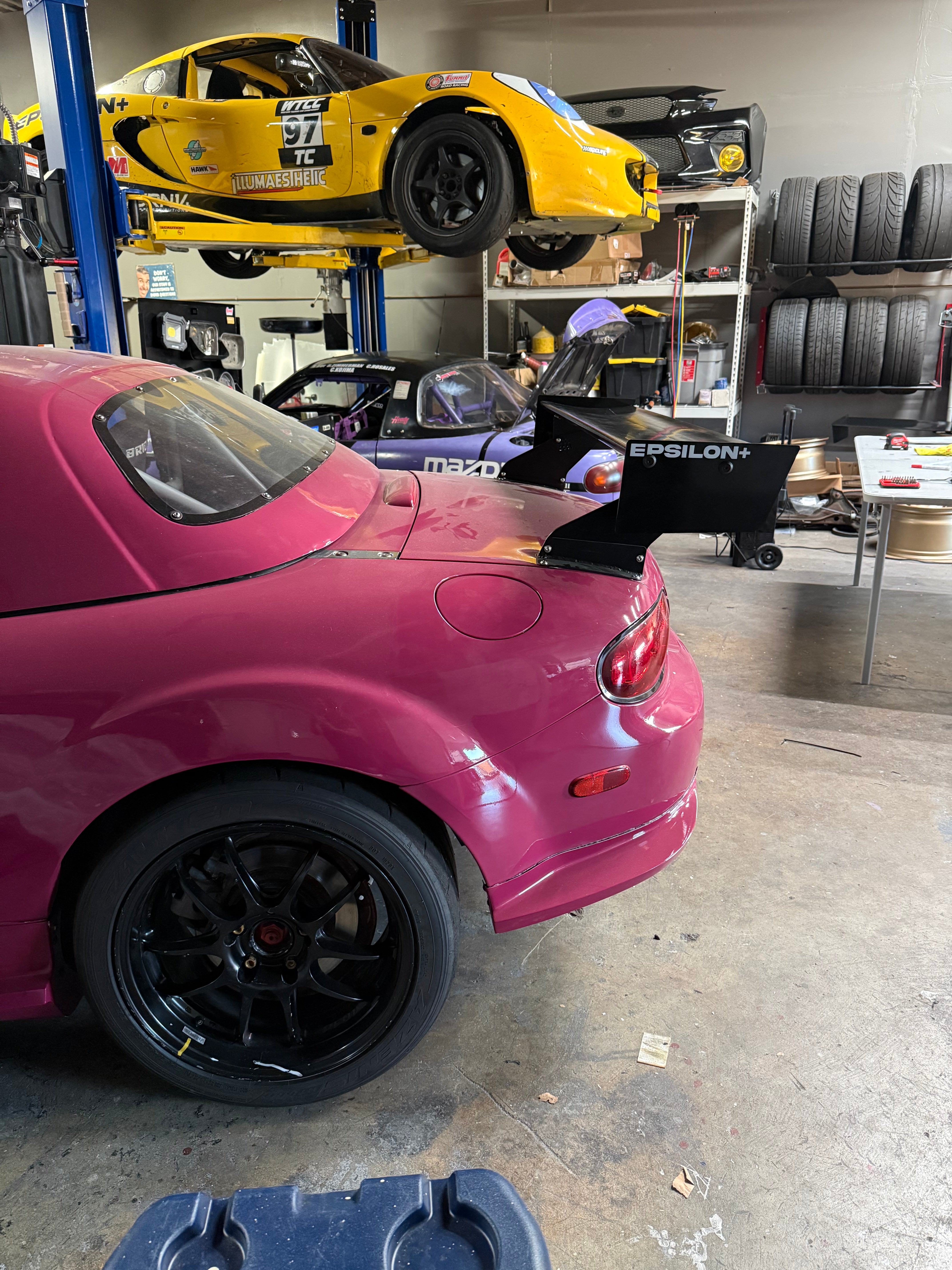 Epsilon+ TC Wing installed on Mazda Miata NC, in the shop, wide shot