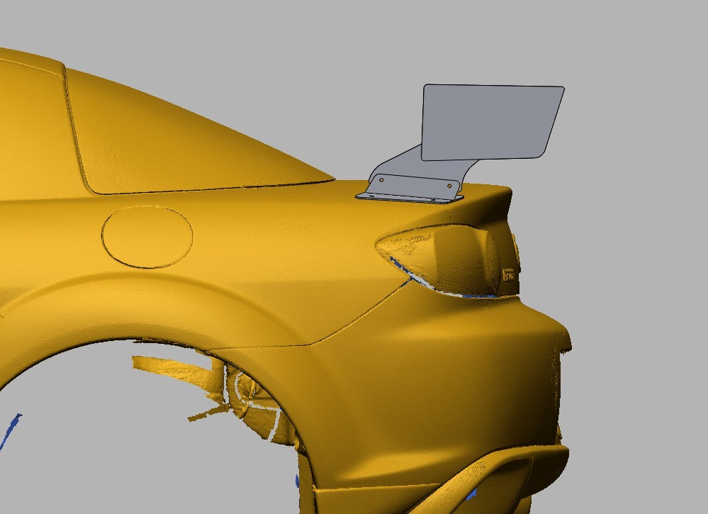Close-up of 47.5 inch TC Wing upright mounted to Mazda RX-8 SE3P rear quarter panel