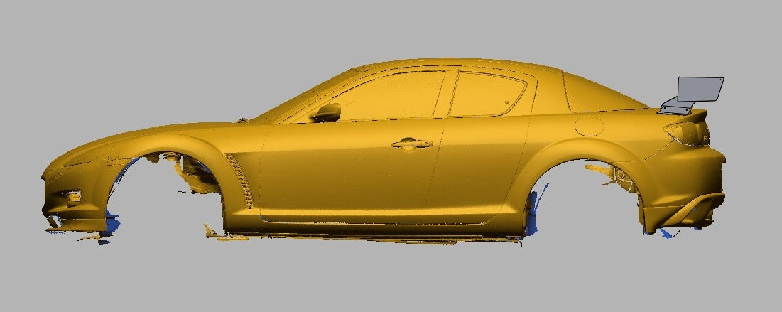 3D scan render of a Mazda RX-8 SE3P with the 47.5" TC wing, full side profile from further back