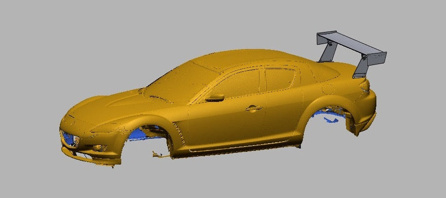 3D scan render of a Mazda RX-8 SE3P with the 66.5" TC wing, front three-quarter view