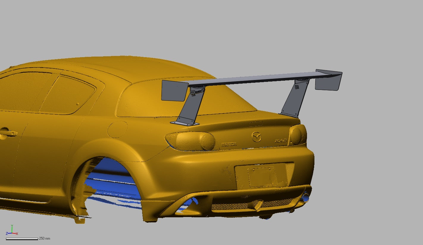 TC Wing 66.5 inch GT wing mounted on Mazda RX-8 SE3P rear quarter panel, aftermarket bases and uprights kit