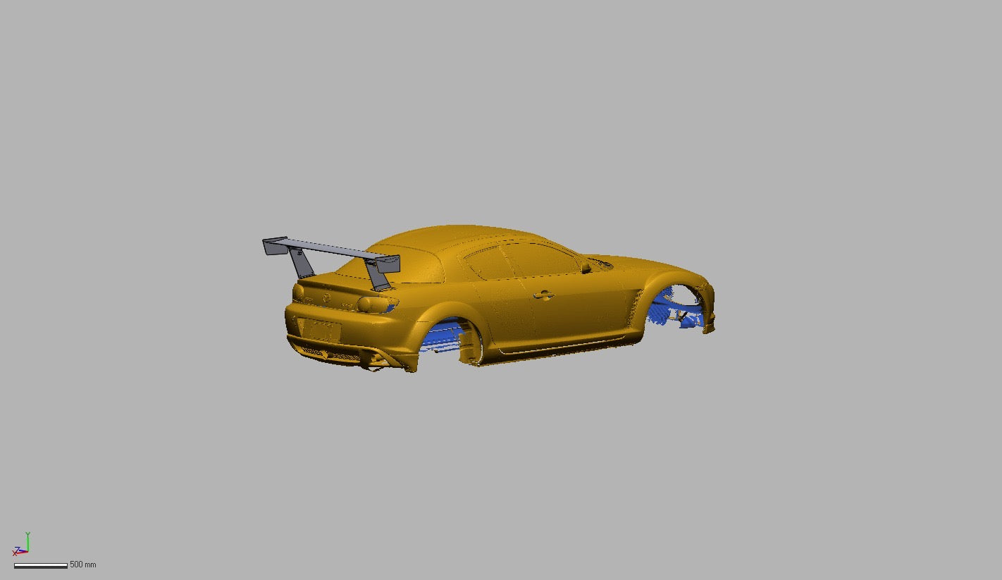 Mazda RX-8 SE3P with 66.5 inch TC Wing GT wing kit, rear three-quarter view