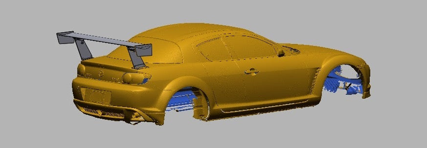 3D scan render of a Mazda RX-8 SE3P with the 66.5" TC wing, rear three-quarter view