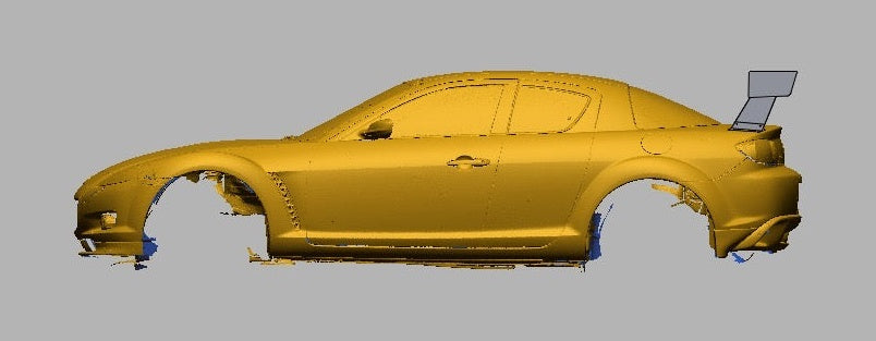 3D scan render of a Mazda RX-8 SE3P with the 66.5" TC wing, side profile