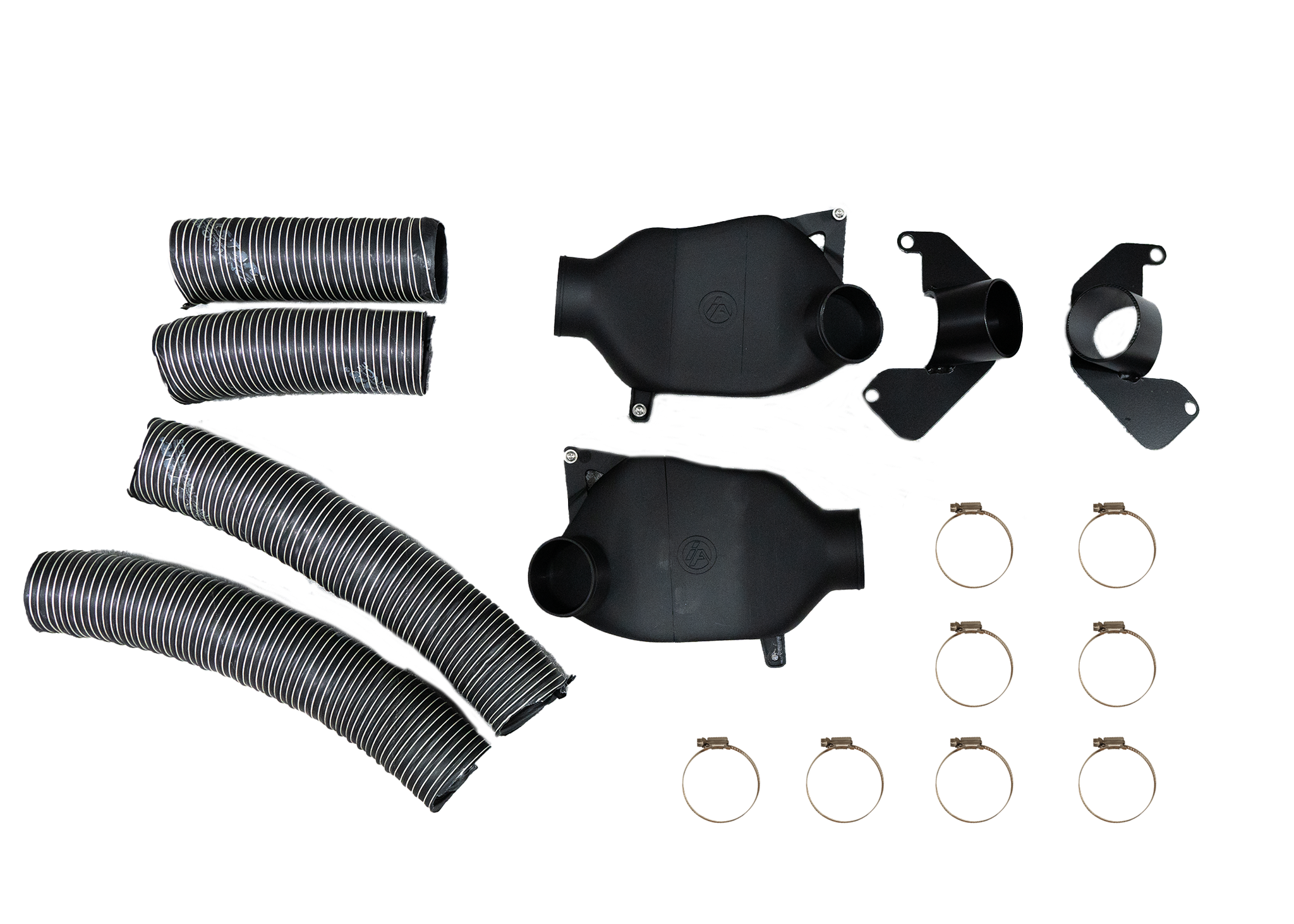 Full brake duct kit contents: pancake ducts, hose, brackets, and hardware laid out