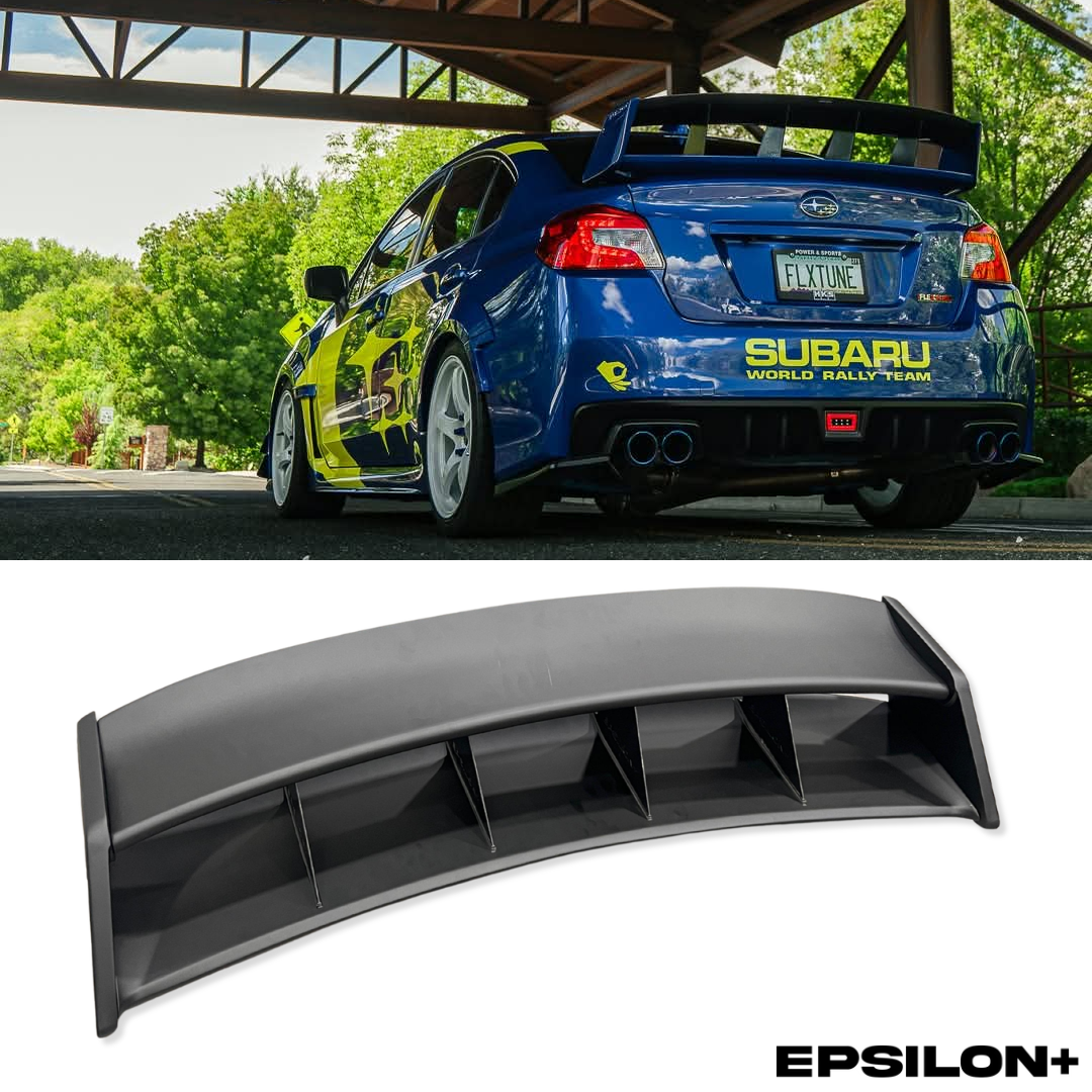 Epsilon+ WRC wing for the Subaru WRX VA shown fitted to a blue WRX and as a standalone part