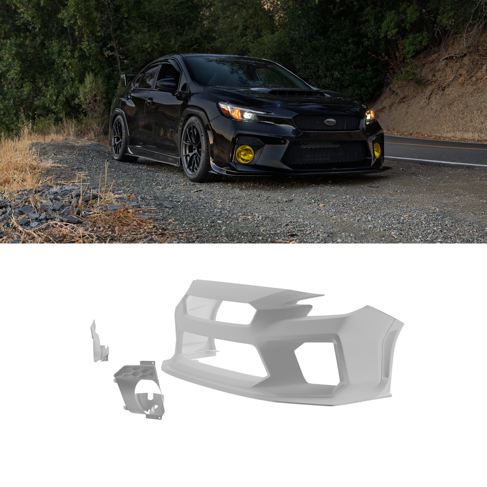 Black Subaru WRX VB fitted with the Epsilon+ front bumper, shown with the bumper render below