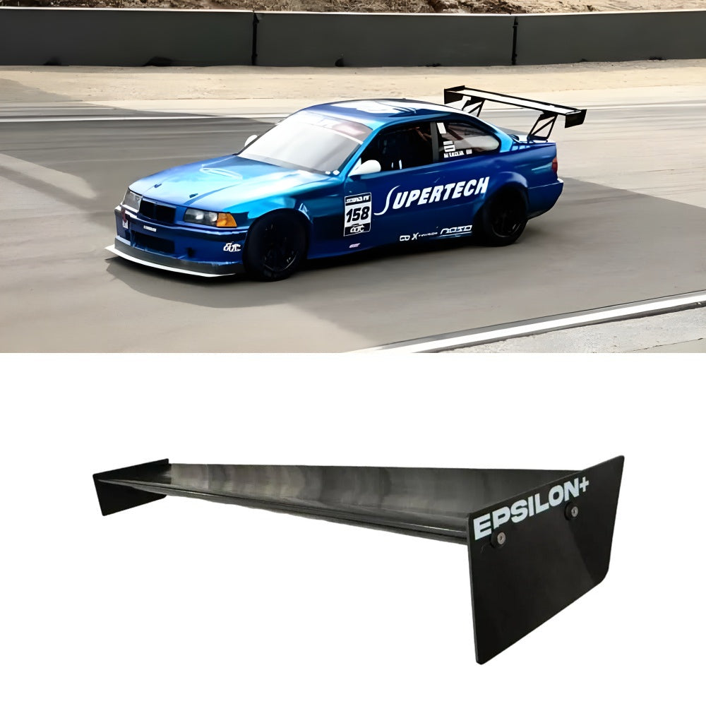 Epsilon+ TC Wing on a blue BMW E36 race car at Laguna Seca, shown above the TC Wing airfoil