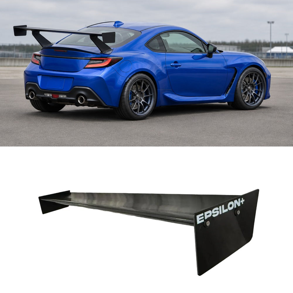 Toyota GR86 / Subaru BRZ in World Rally Blue with the Epsilon+ TC Wing installed, shown above the TC Wing airfoil