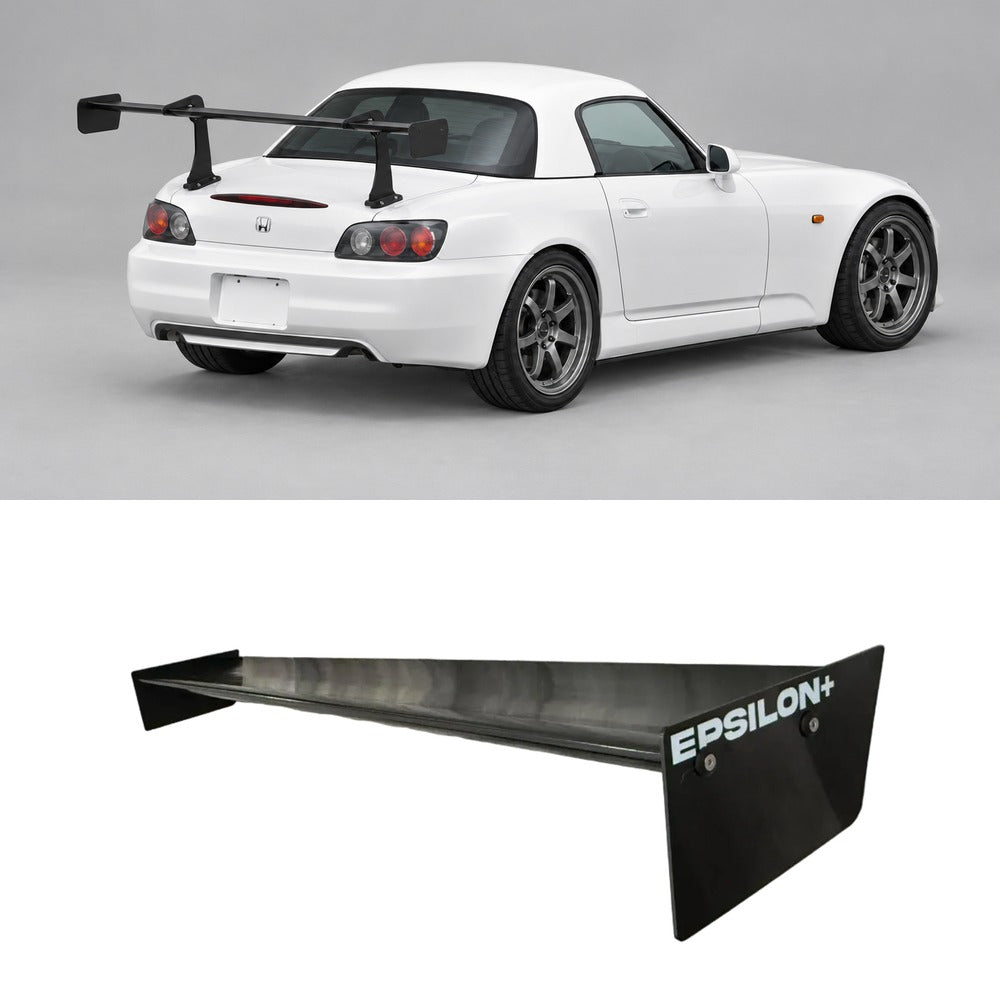 Honda S2000 AP1/AP2 in Grand Prix White fitted with the Epsilon+ TC Wing, rear three-quarter view, shown above the standalone TC Wing airfoil