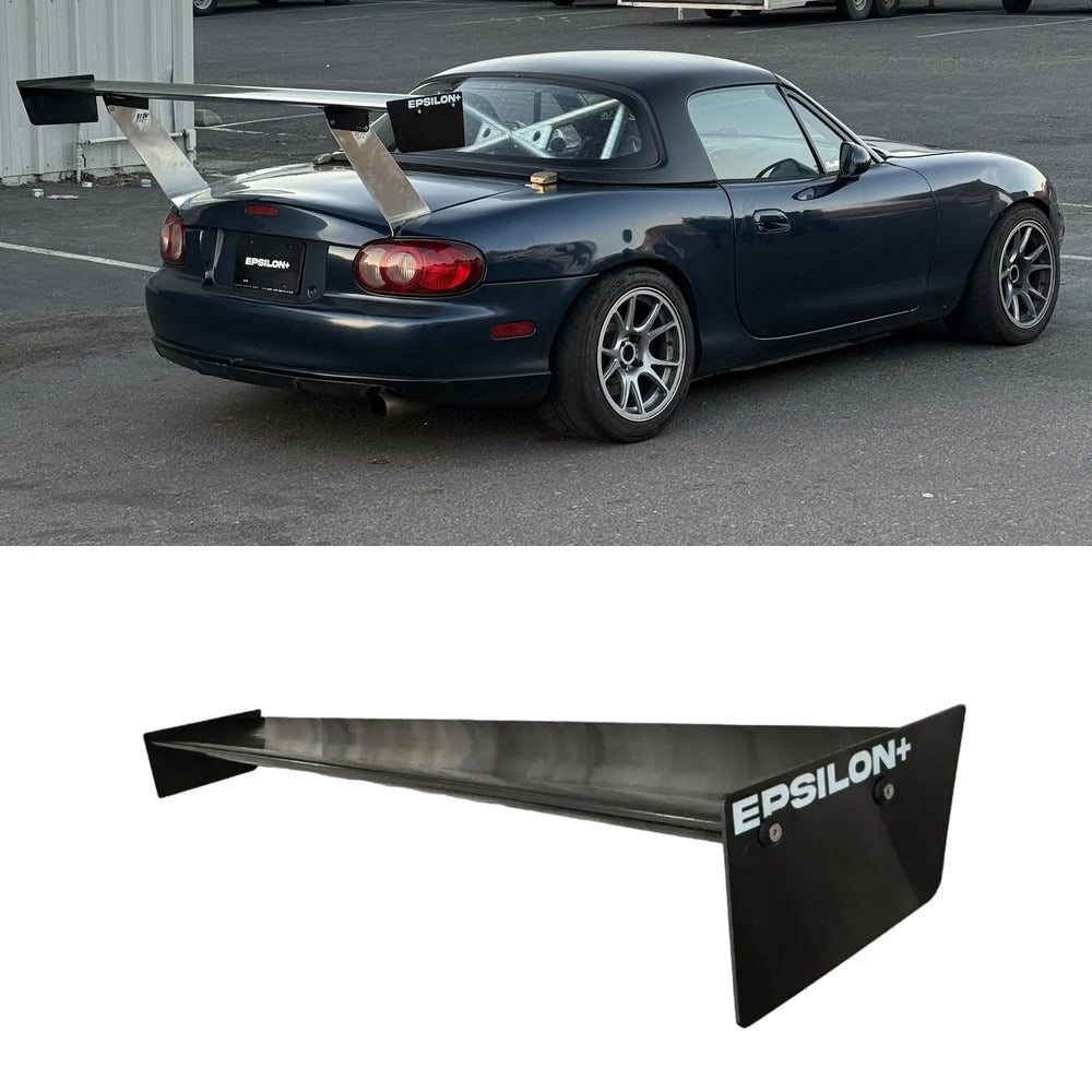 Mazda MX-5 Miata NB fitted with the 66.5" Epsilon+ TC Wing, shown above the standalone TC Wing airfoil