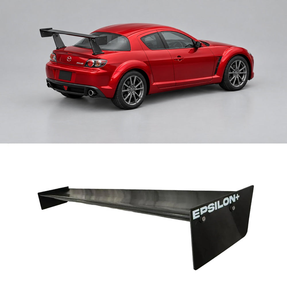 Mazda RX-8 SE3P in Velocity Red Mica fitted with the Epsilon+ TC Wing, rear three-quarter view, shown above the standalone TC Wing airfoil