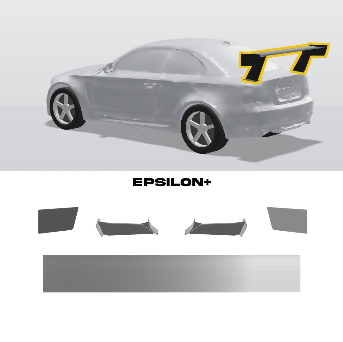Epsilon+ TC wing for the BMW 1 Series / 1M (E82): a configurator render of the E82 with the wing outlined in yellow, above the TC wing, endplates, 11.5" bottom mount uprights and base