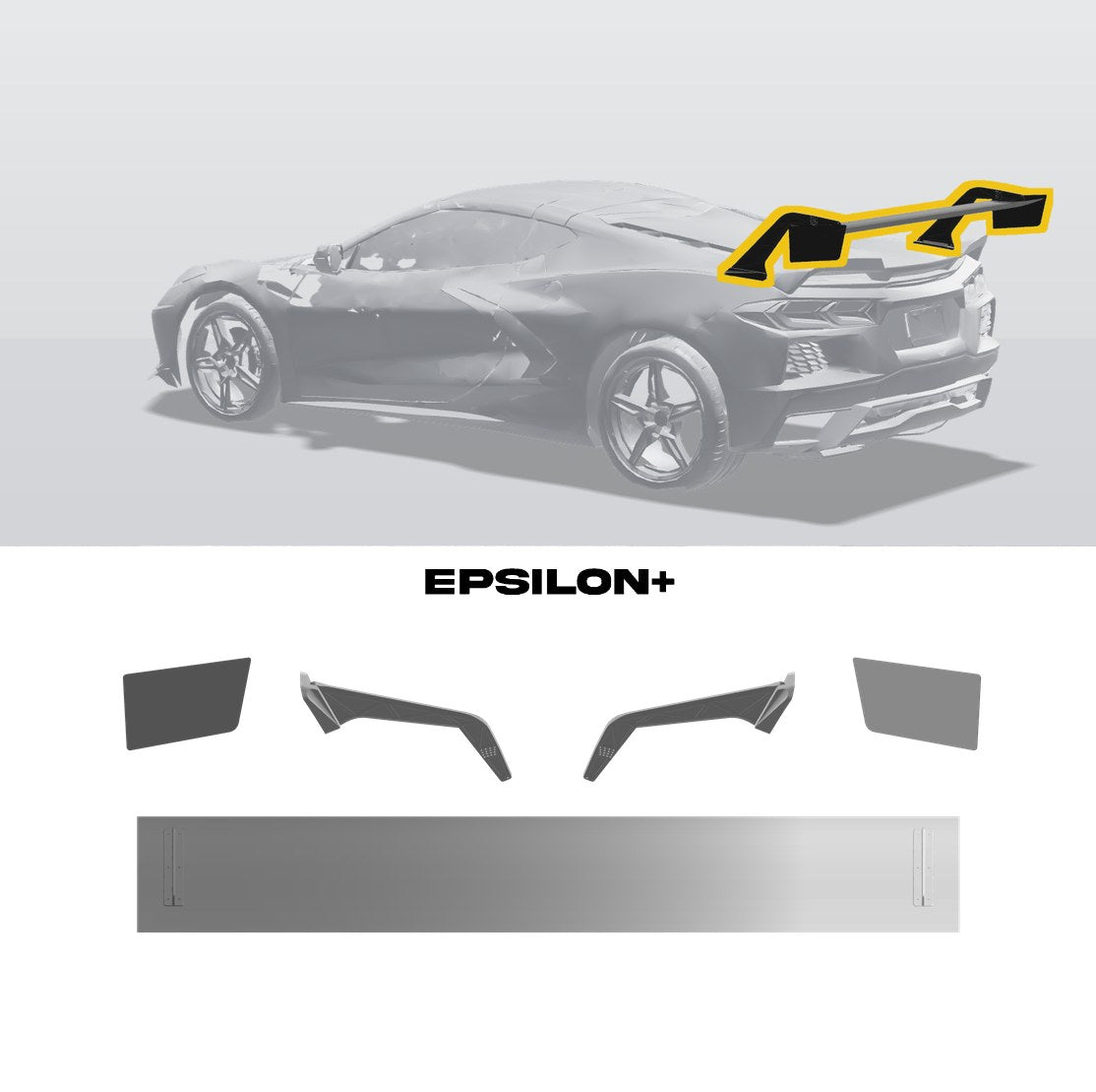 Epsilon+ TC wing for the Chevrolet Corvette (C8): a configurator render of the C8 with the wing outlined in yellow, above the TC wing, endplates, C8 swan uprights and base bar