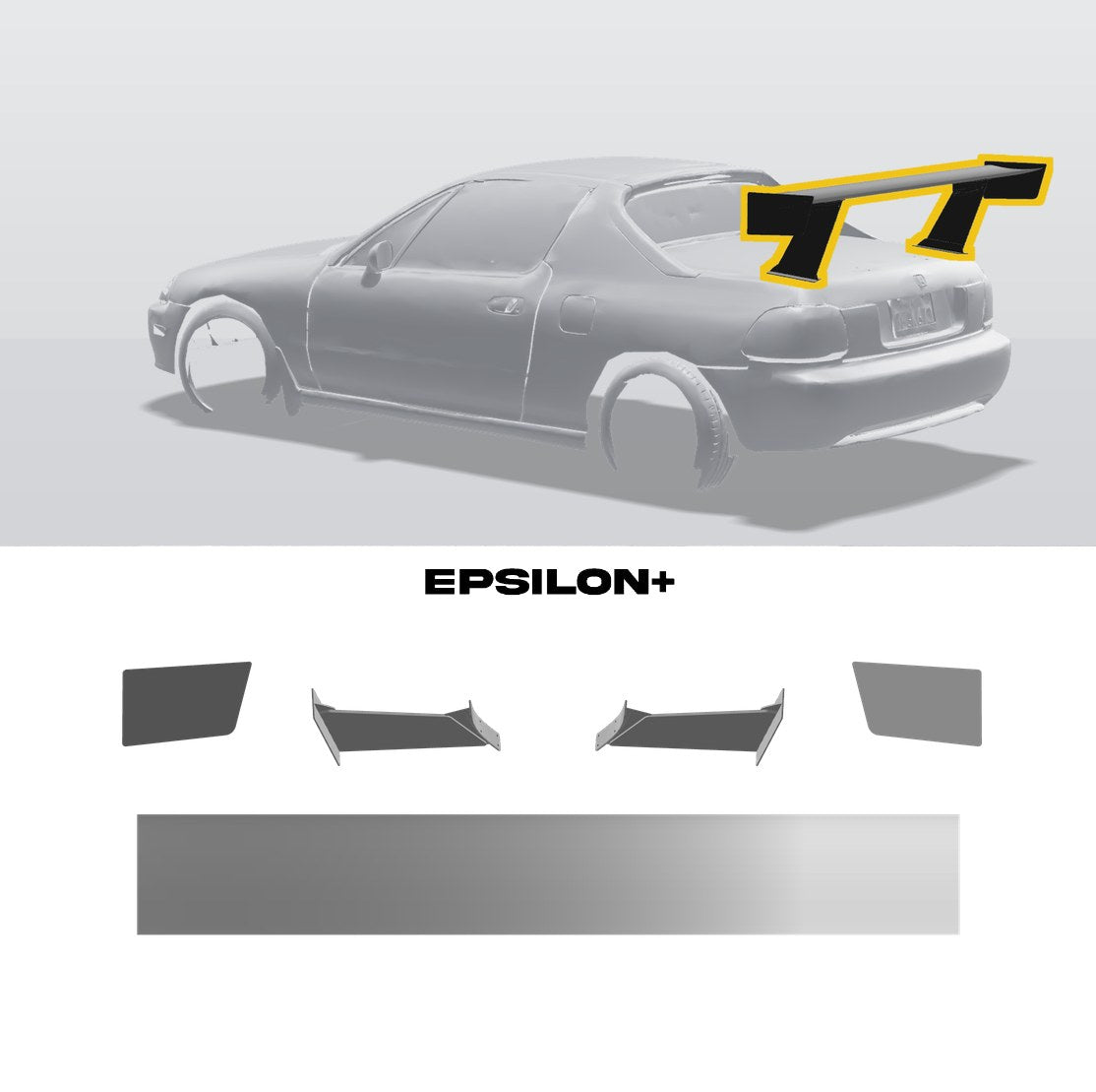Epsilon+ TC wing for the Honda Civic del Sol (EG/EH): a configurator render of the del Sol with the wing outlined in yellow, above the TC wing, endplates, 11.5" bottom-mount uprights and base