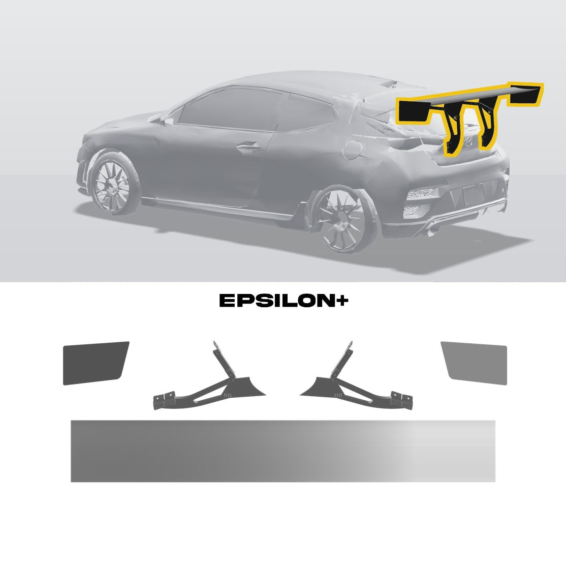 Epsilon+ TC wing for the Hyundai Veloster (JS): a configurator render of the Veloster with the wing outlined in yellow, above the TC wing, endplates and Veloster JS hatchback uprights