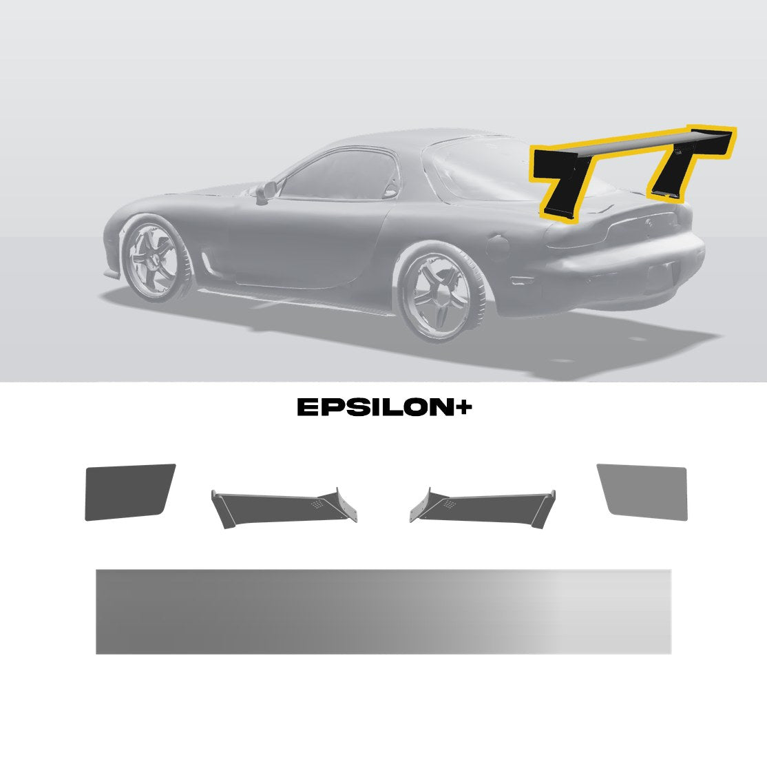 Epsilon+ TC wing for the Mazda RX-7 (FD3S): a configurator render of the RX-7 with the wing outlined in yellow, above the TC wing, endplates, RX-7 FD bottom-mount uprights and CNC base