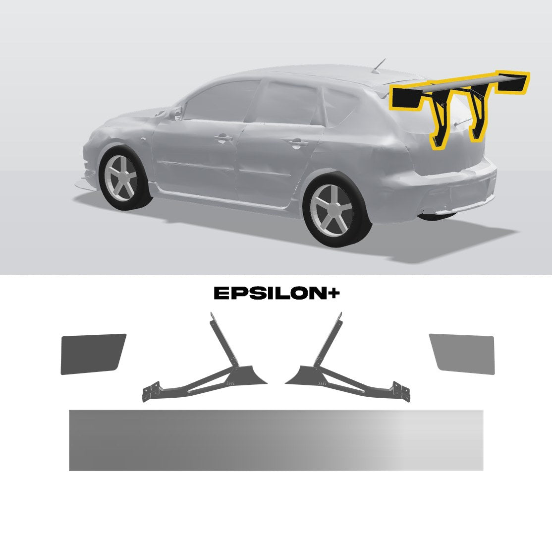 Epsilon+ TC wing for the Mazdaspeed3 Gen1 (BK): a configurator render of the Mazdaspeed3 with the wing outlined in yellow, above the TC wing, endplates and hatchback riser uprights