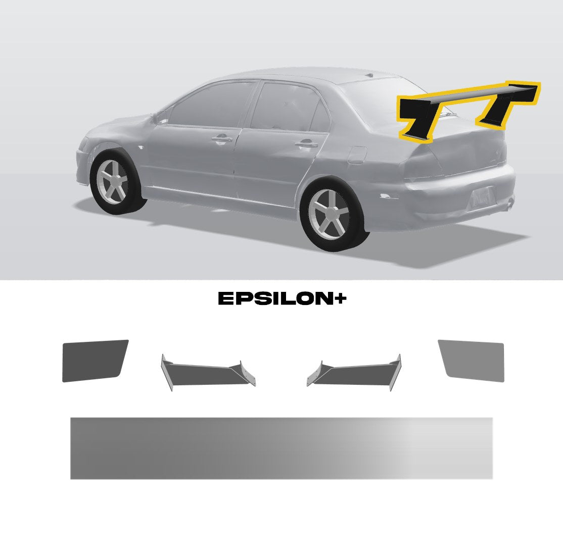 Epsilon+ TC wing for the Mitsubishi Evo VII/VIII/IX (CT9A): a configurator render of the Evo with the wing outlined in yellow, above the TC wing, endplates, 11.5" bottom-mount uprights and base