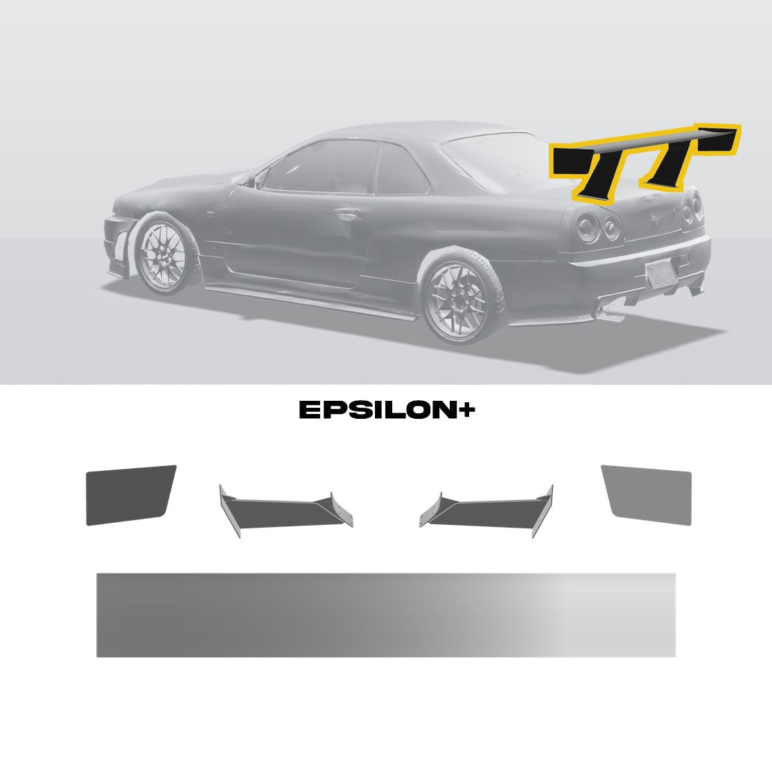 Epsilon+ TC wing for the Nissan Skyline R34 Coupe: a configurator render of the R34 with the wing outlined in yellow, above the TC wing, endplates, 11.5" bottom-mount uprights and base