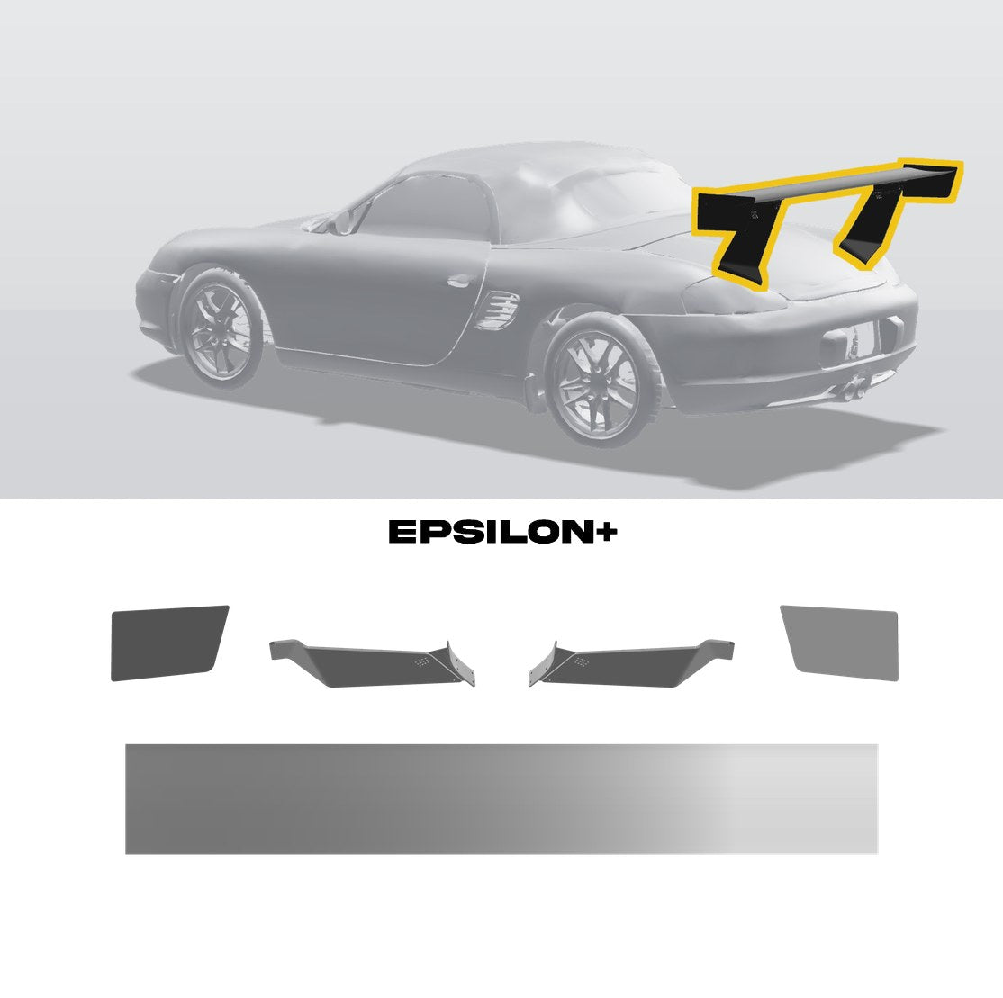 Epsilon+ TC wing for the Porsche Boxster (986): a configurator render of the Boxster with the wing outlined in yellow, above the TC wing, endplates and quarter-panel (fender) mount uprights
