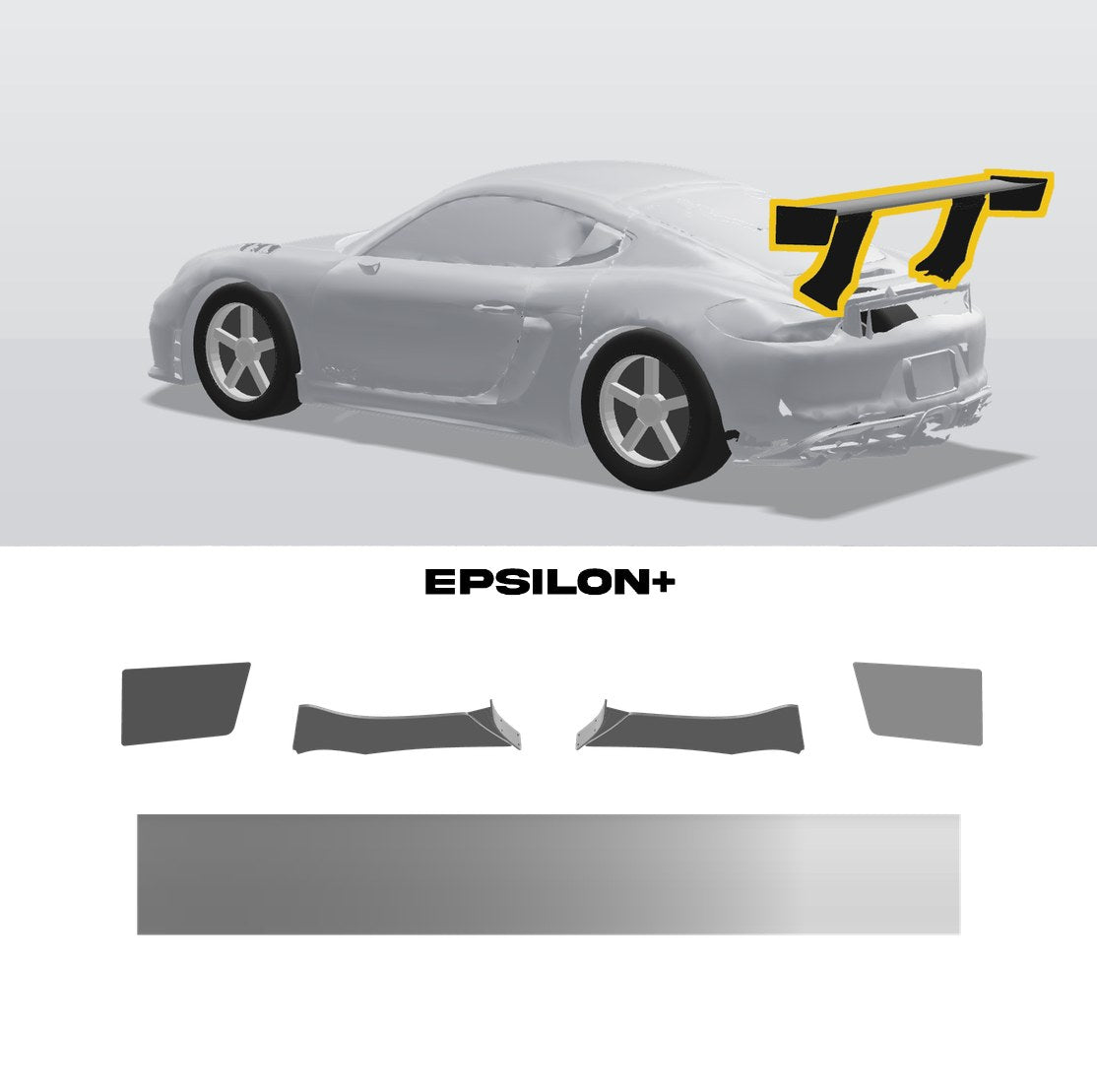 Epsilon+ TC wing for the Porsche Cayman (981/718): a configurator render of the Cayman with the wing outlined in yellow, above the TC wing, endplates and Cayman 981 uprights