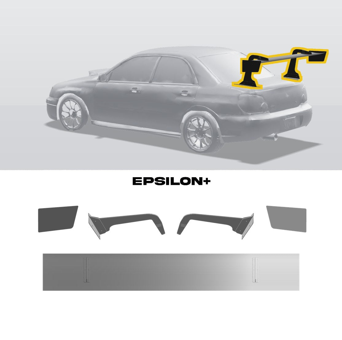Epsilon+ TC wing for the Subaru Impreza (GD): a configurator render of the Impreza with the wing outlined in yellow, above the TC wing, endplates, GD STI swan uprights and base