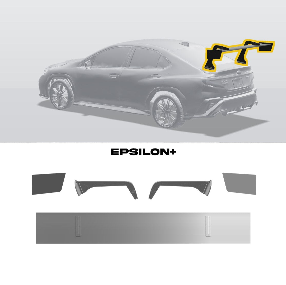 Epsilon+ TC wing for the Subaru WRX (VB): a configurator render of the WRX with the wing outlined in yellow, above the TC wing, endplates, Type C swan uprights and CNC base