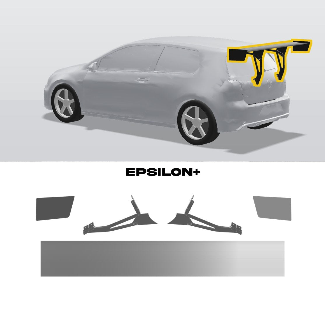Epsilon+ TC wing for the Volkswagen Golf (Mk7): a configurator render of the Golf with the wing outlined in yellow, above the TC wing, endplates and hatchback riser uprights