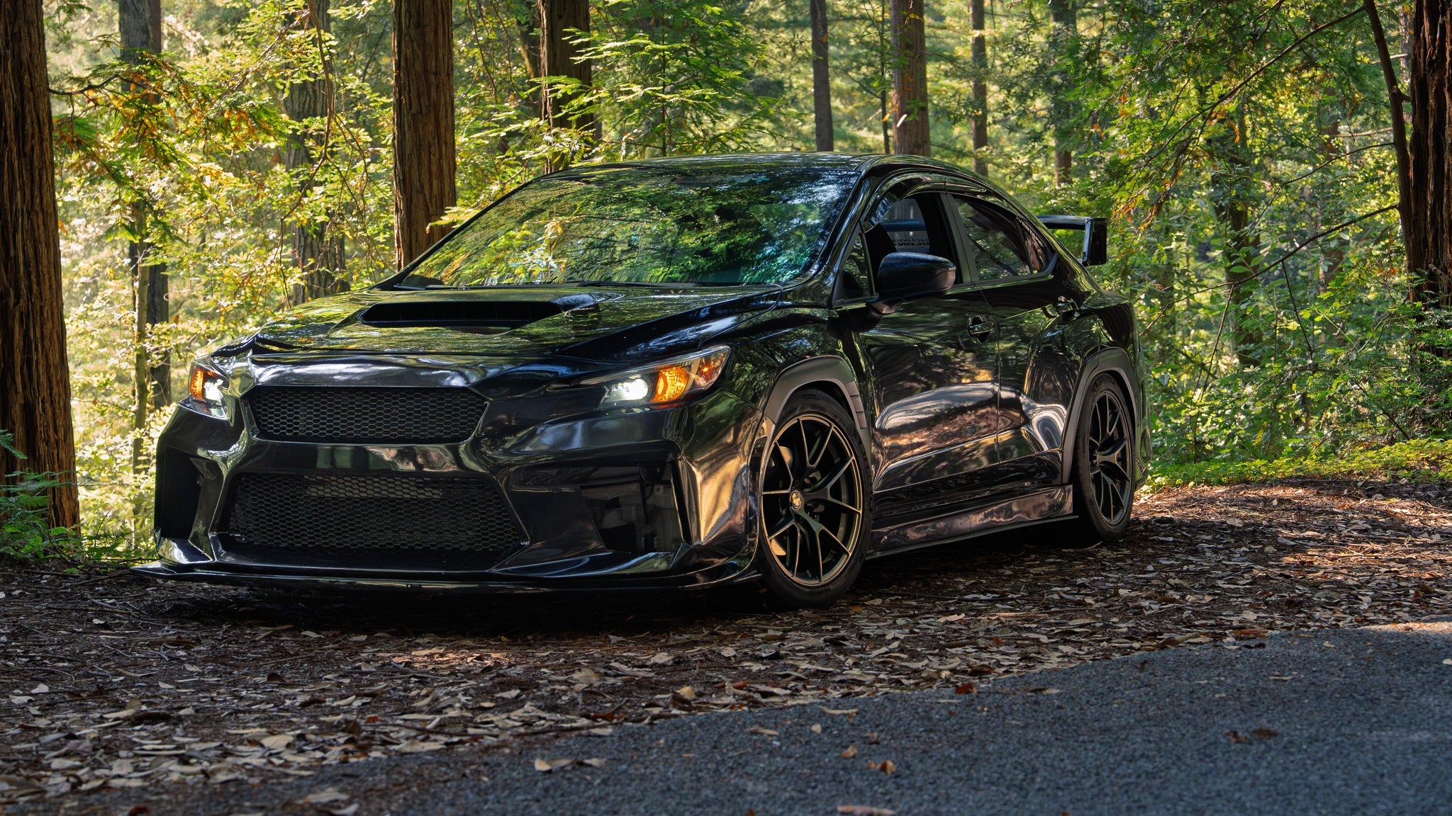 Front three-quarter view of a black Subaru WRX VB with prototype front bumper in a forest
