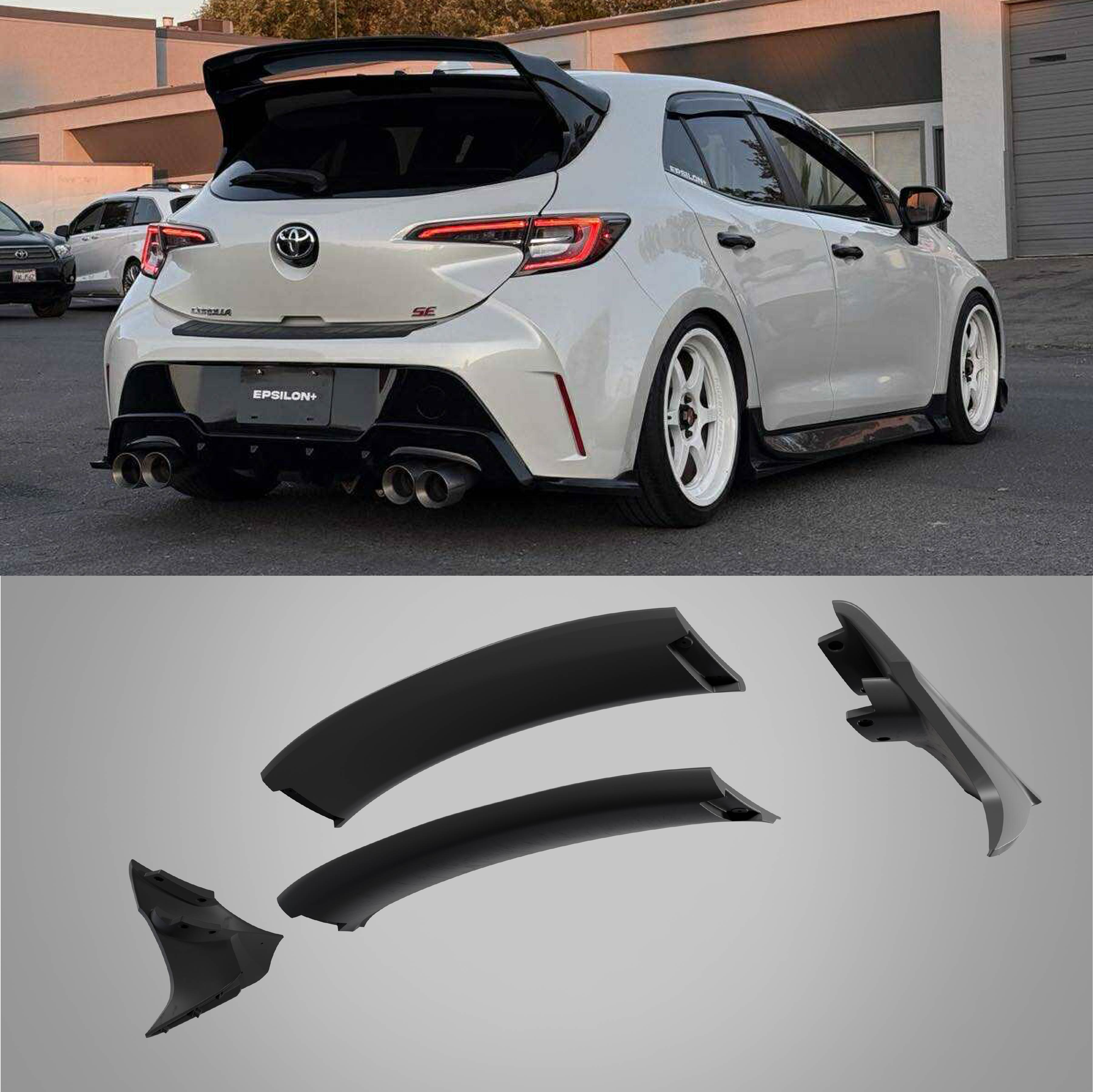 Epsilon+ WRC Wing V3 and lip kit components for the Toyota Corolla Hatchback E210 shown fitted and separately