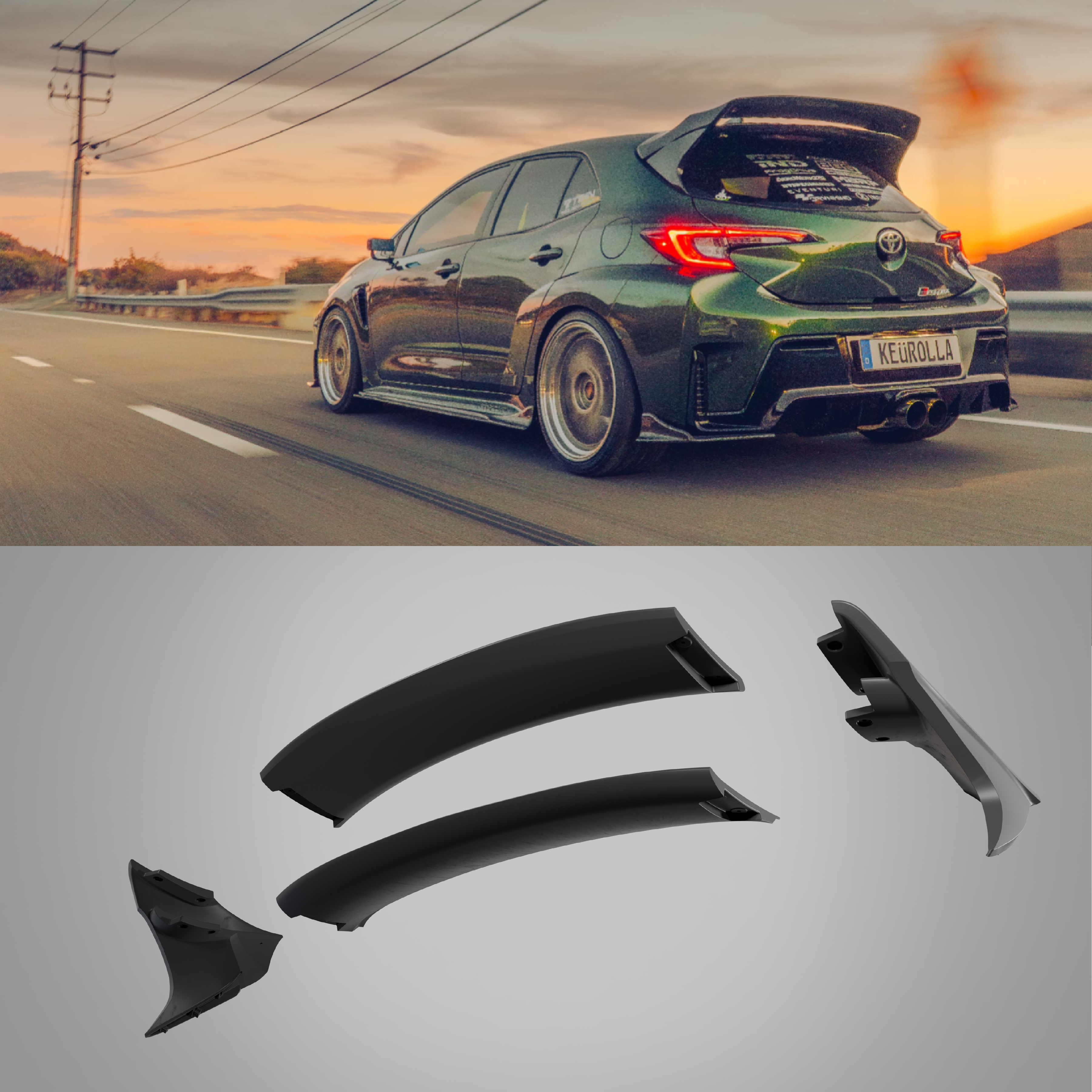 Rear three-quarter view of a green GR Corolla with WRC Wing V3 on a highway
