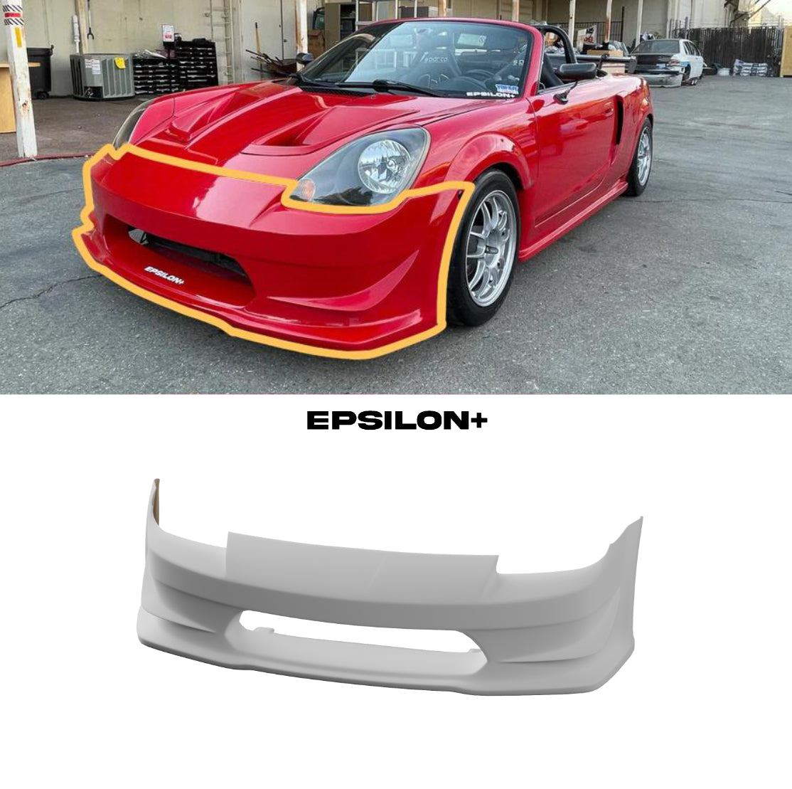 Epsilon+ front bumper for the Toyota MR2 Spyder shown fitted and as a standalone part