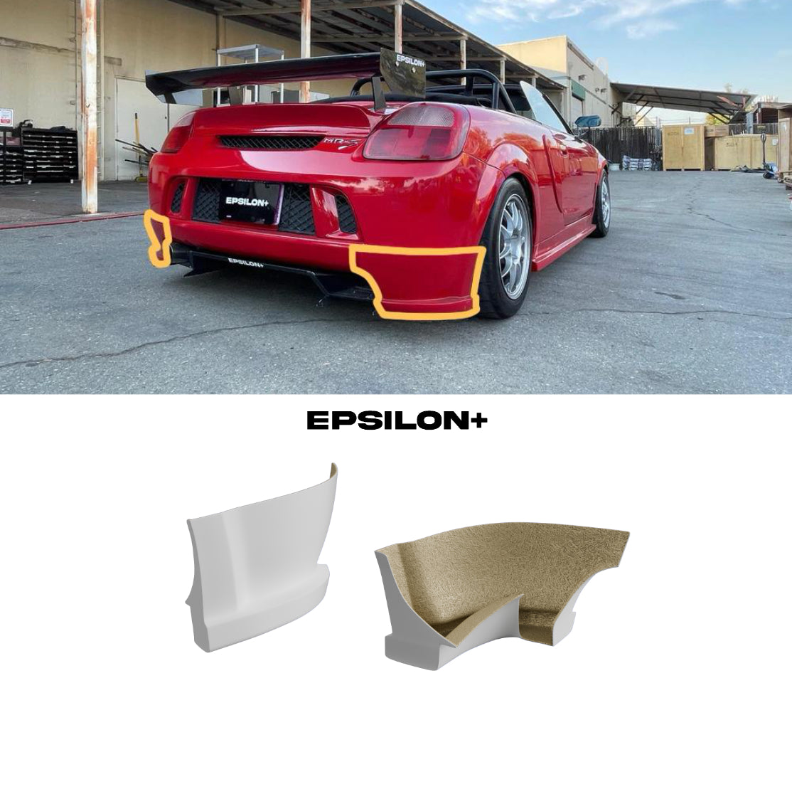 Epsilon+ rear bumper spats for the Toyota MR2 Spyder shown fitted and as standalone parts