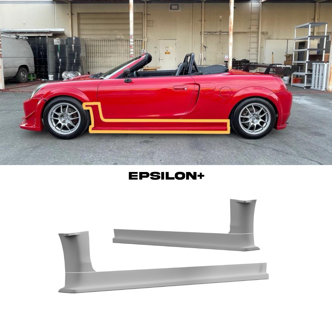 Epsilon+ side skirt and fender combo for the Toyota MR2 Spyder shown fitted and as standalone parts