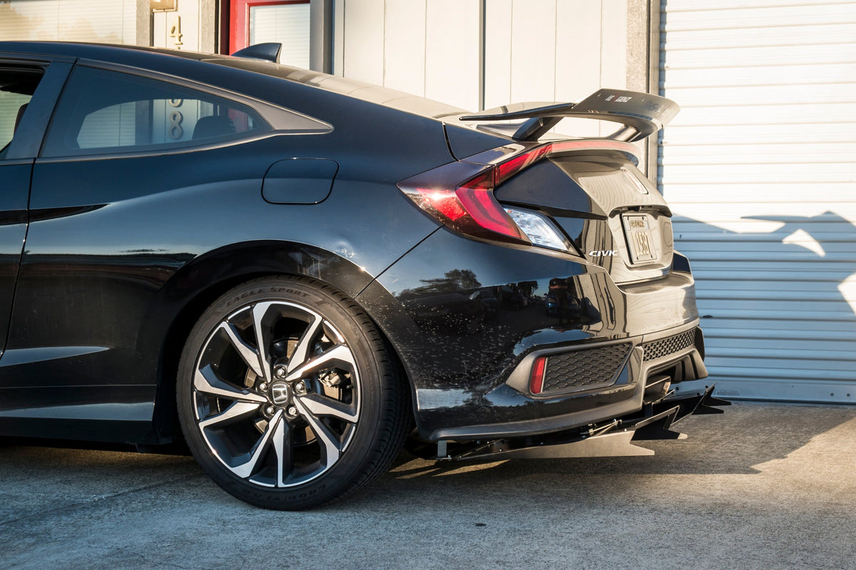 Rear view of a black Civic Hatchback showing the universal diffuser and taillights