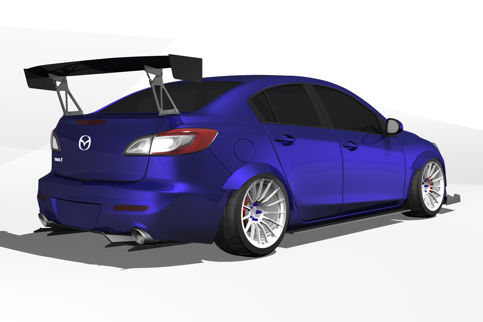 Rear three-quarter 3D render of a blue Mazda3 sedan with universal GT wing fitment