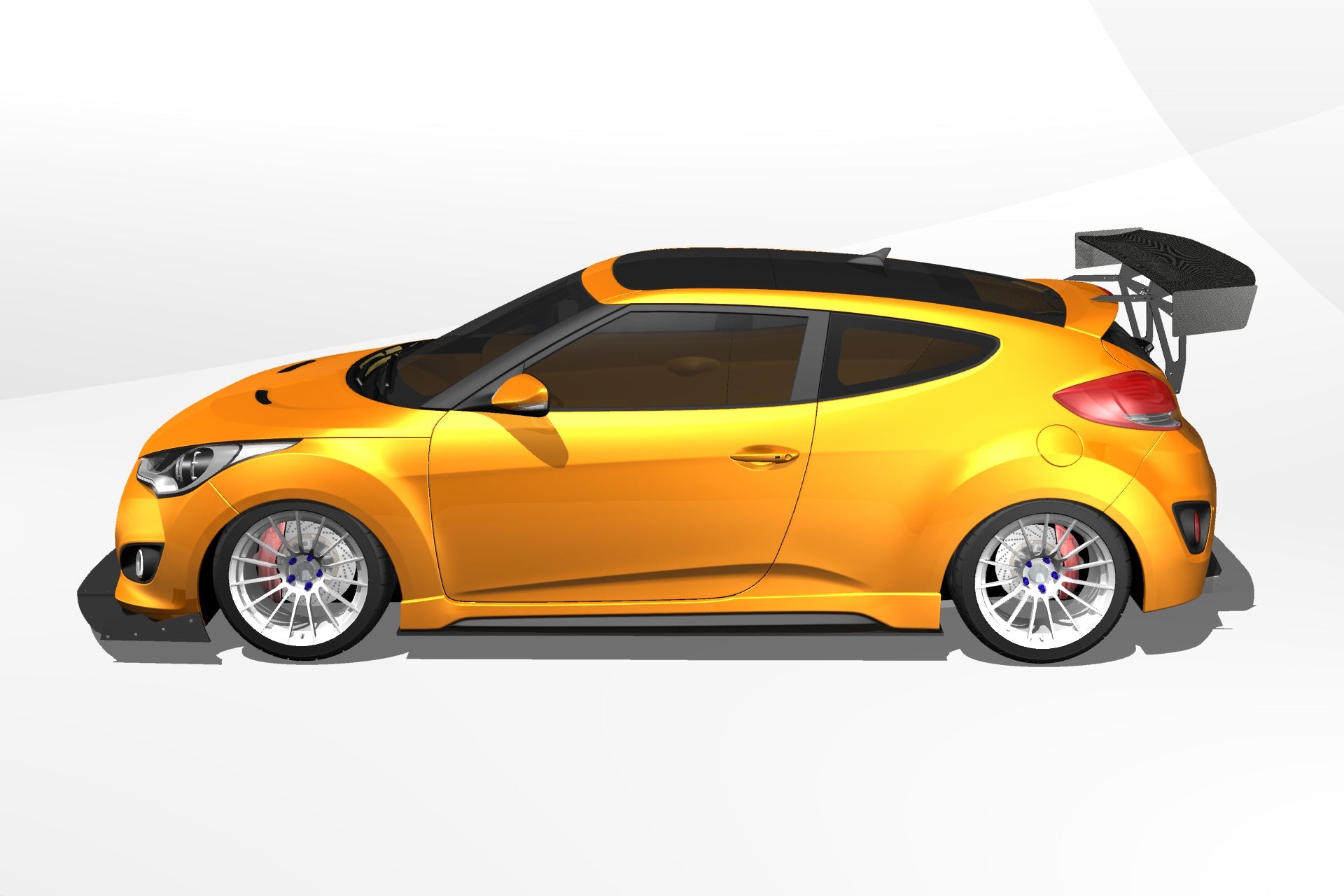 Side 3D render of an orange Hyundai Veloster showing the GT wing profile