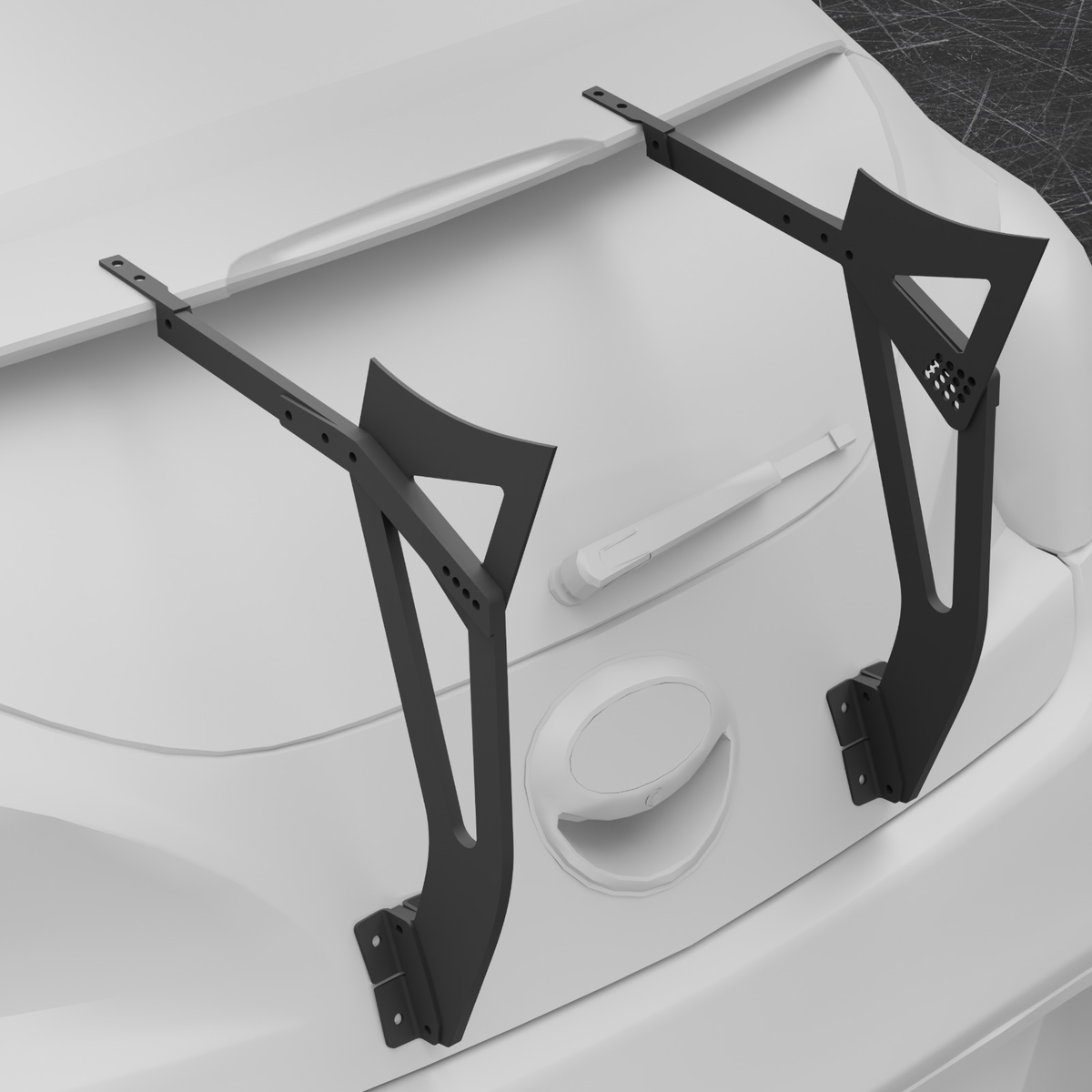 Epsilon+ GT Wing uprights mounted to Hyundai Veloster FS hatch — mounting detail