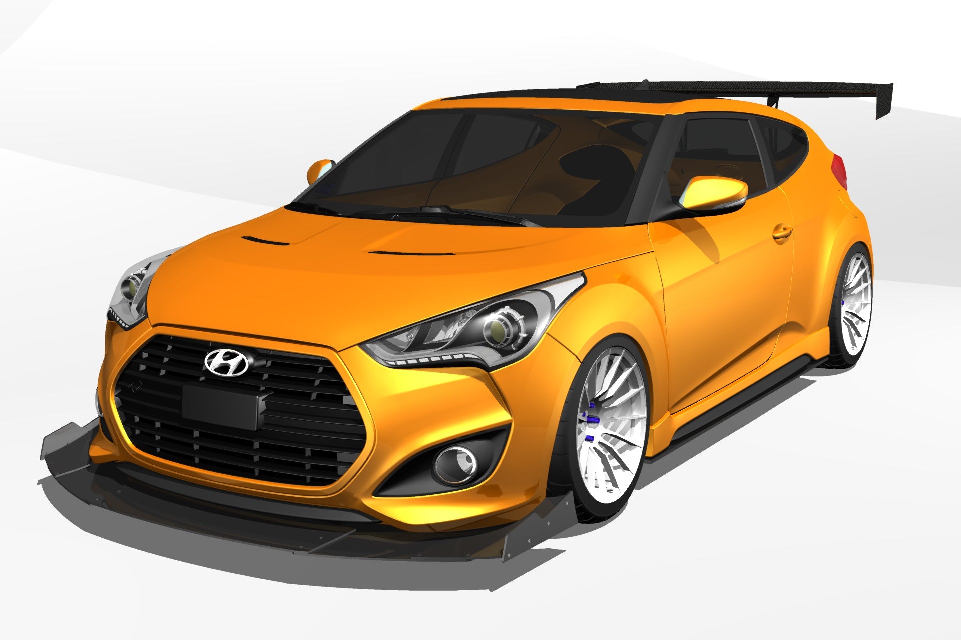 Front three-quarter 3D render of an orange Hyundai Veloster with GT wing installed