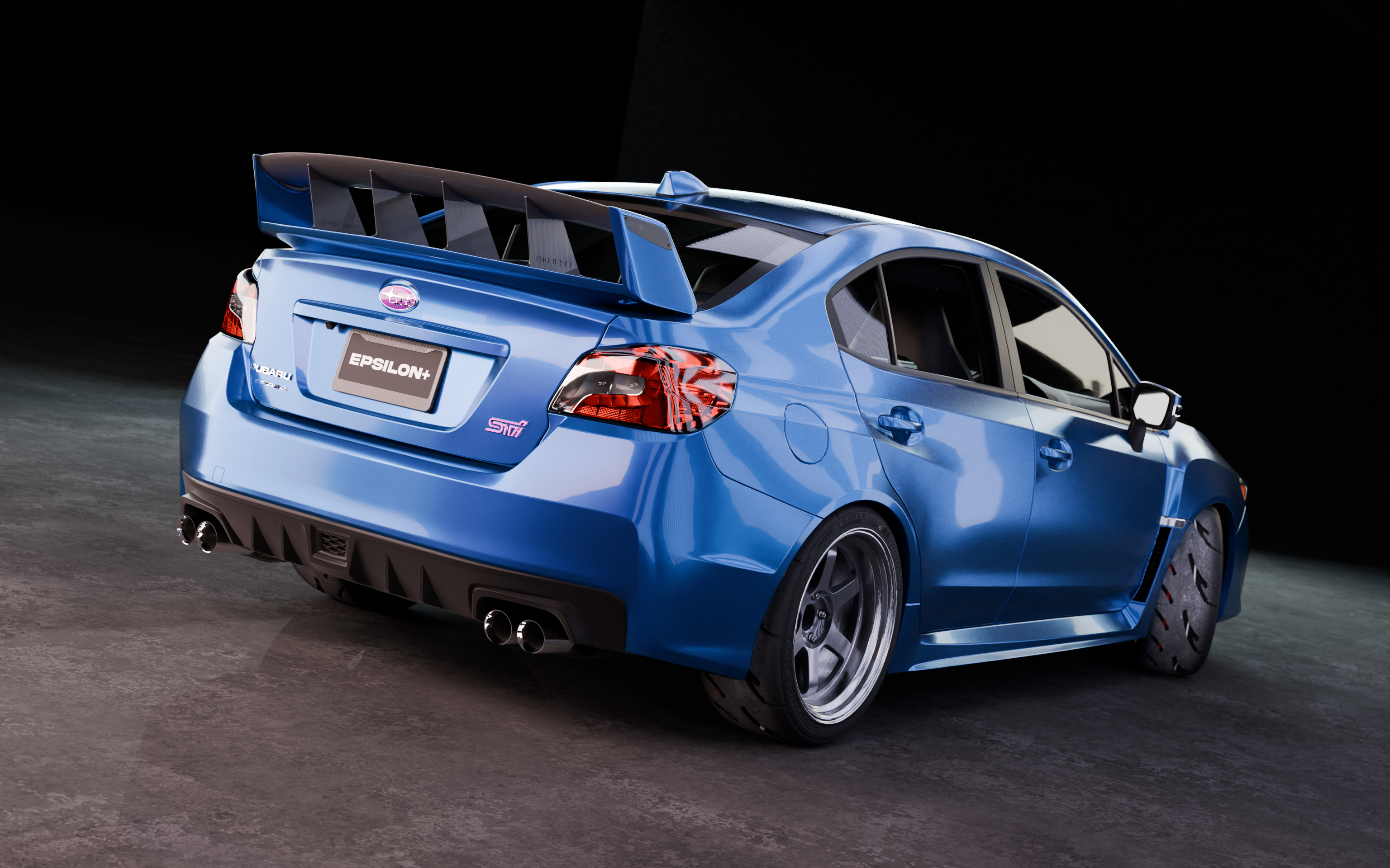 Studio render of a blue Subaru WRX VA with the WRC wing, rear three-quarter view
