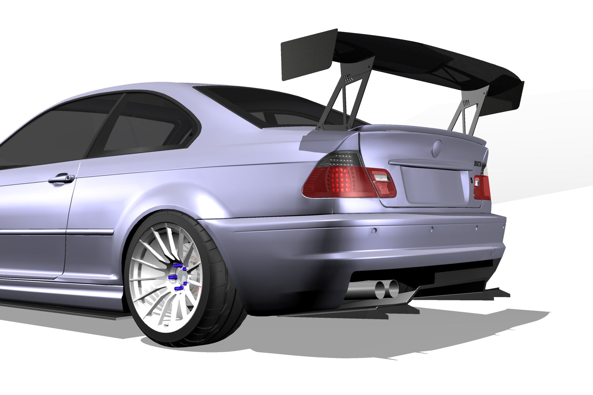 3D render of a silver BMW E46 M3 Coupe with the Epsilon+ V1+ rear diffuser and GT wing, rear three-quarter view