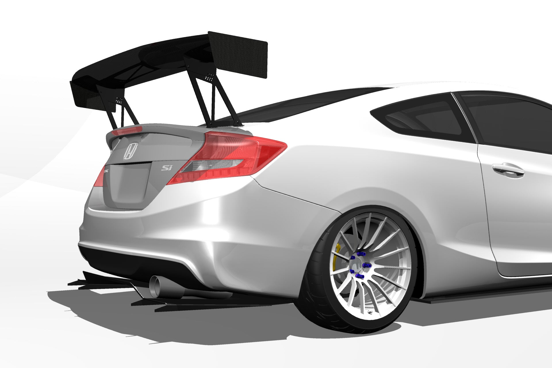 3D render of a silver Honda Civic Coupe FG4 with the Epsilon+ V1+ rear diffuser and GT wing